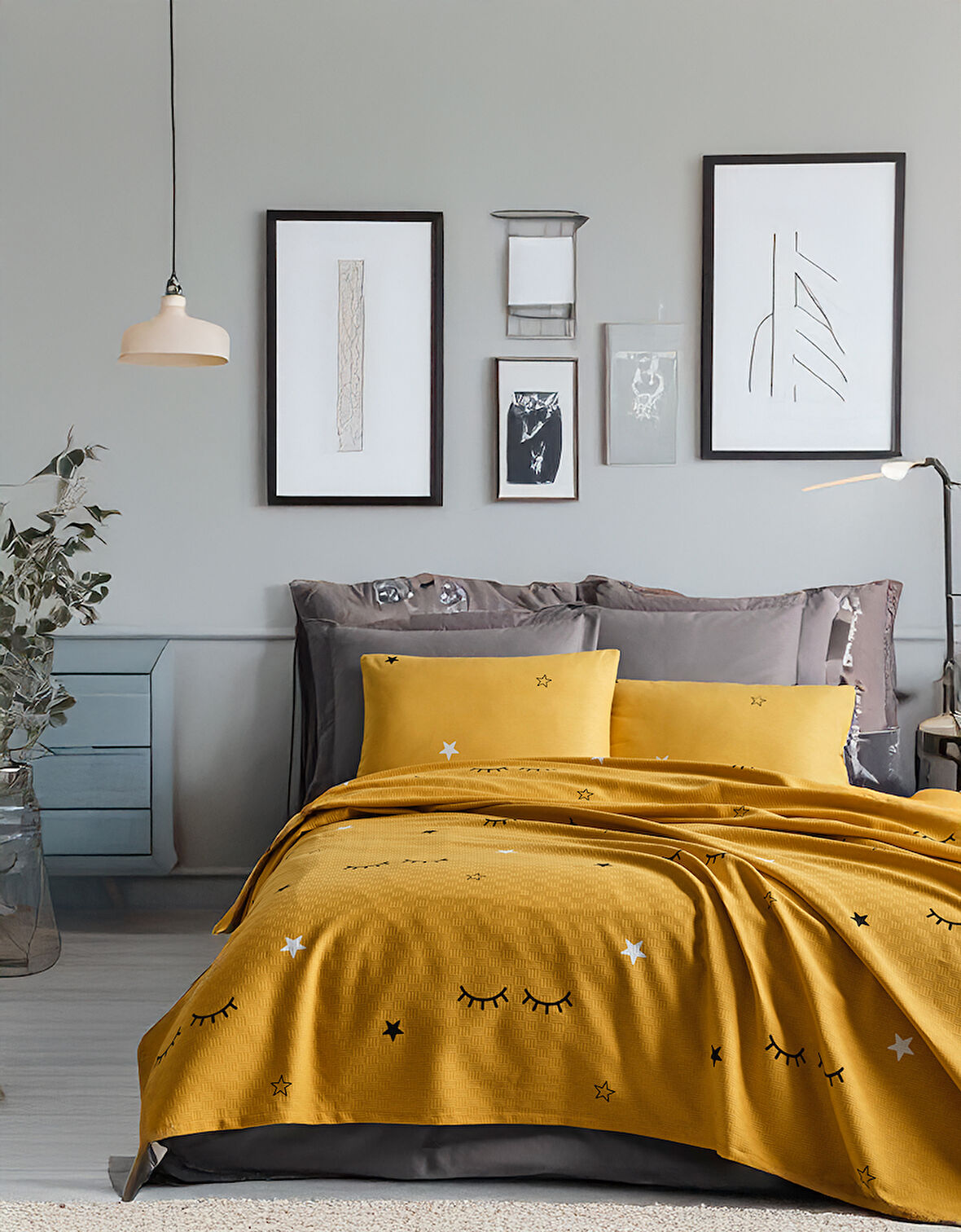 Doğal Pike Baskılı King 240x230cm Dide Sarı
