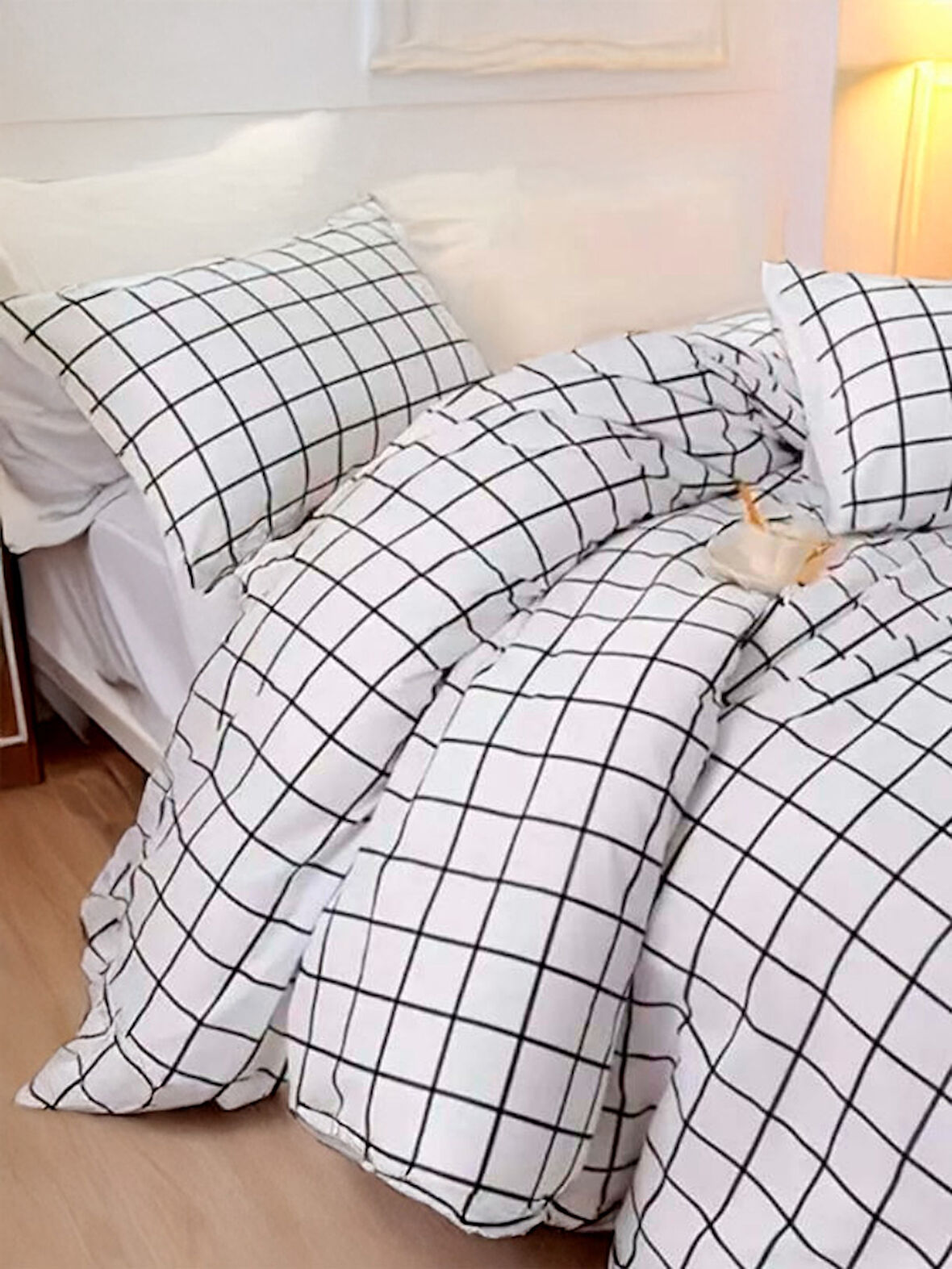 Kolay Ütülenir Nevresim Takımı Tek Kişilik Pled Kareli Siyah