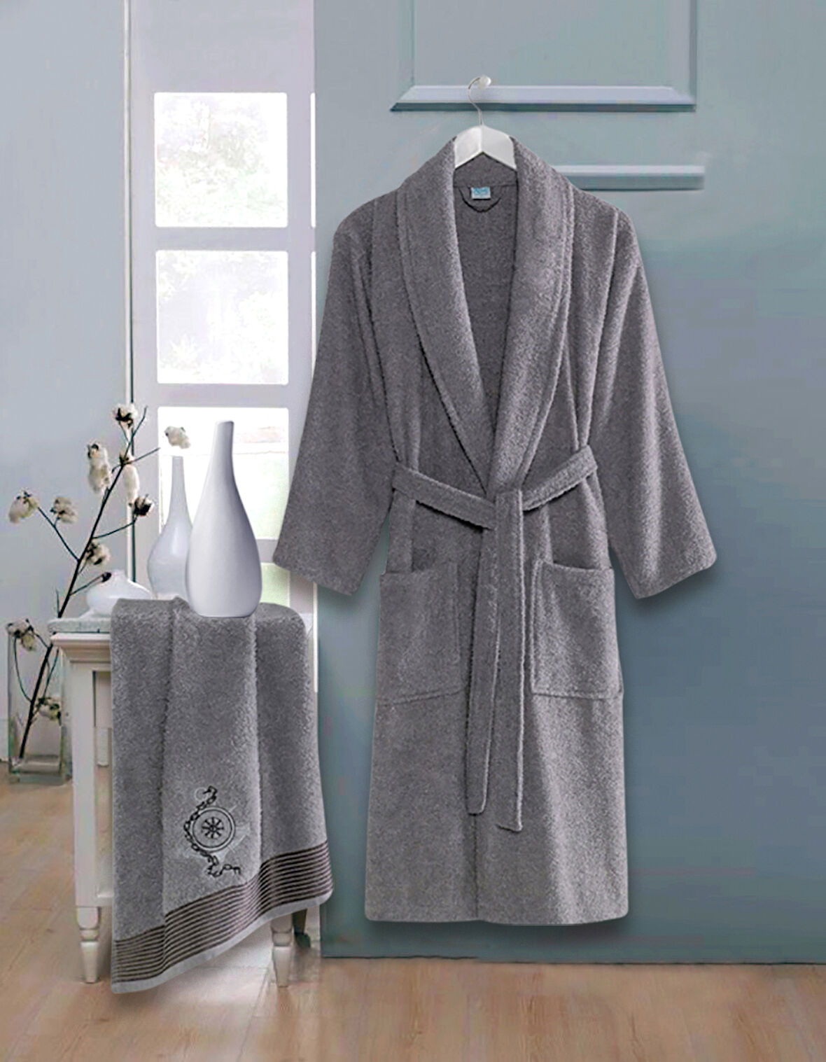 Bornoz - Nakışlı Havlu Seti Cora Antrasit L/XL+45x85cm