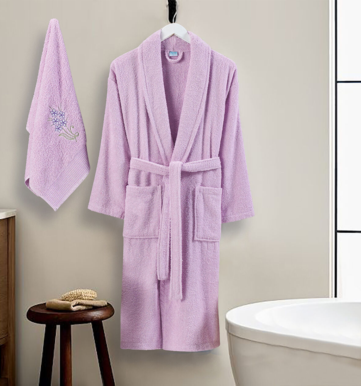 Bornoz - Nakışlı Havlu Seti Cora Leylak L/XL+45x85cm