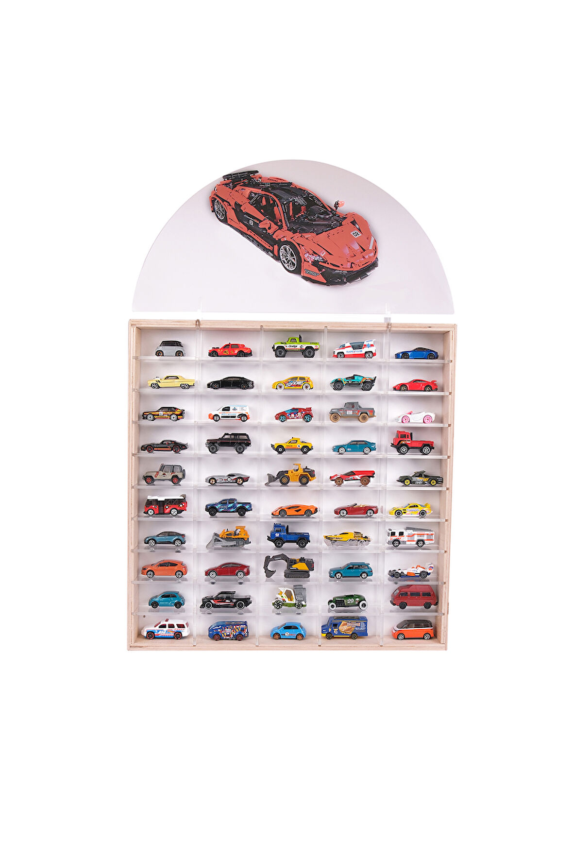 50'Lİ Ahşap Oyuncak Araba Rafı, Duvara Asılabilen Pleksi Raflı Hobi Araba Düzenleyici 50x6x51