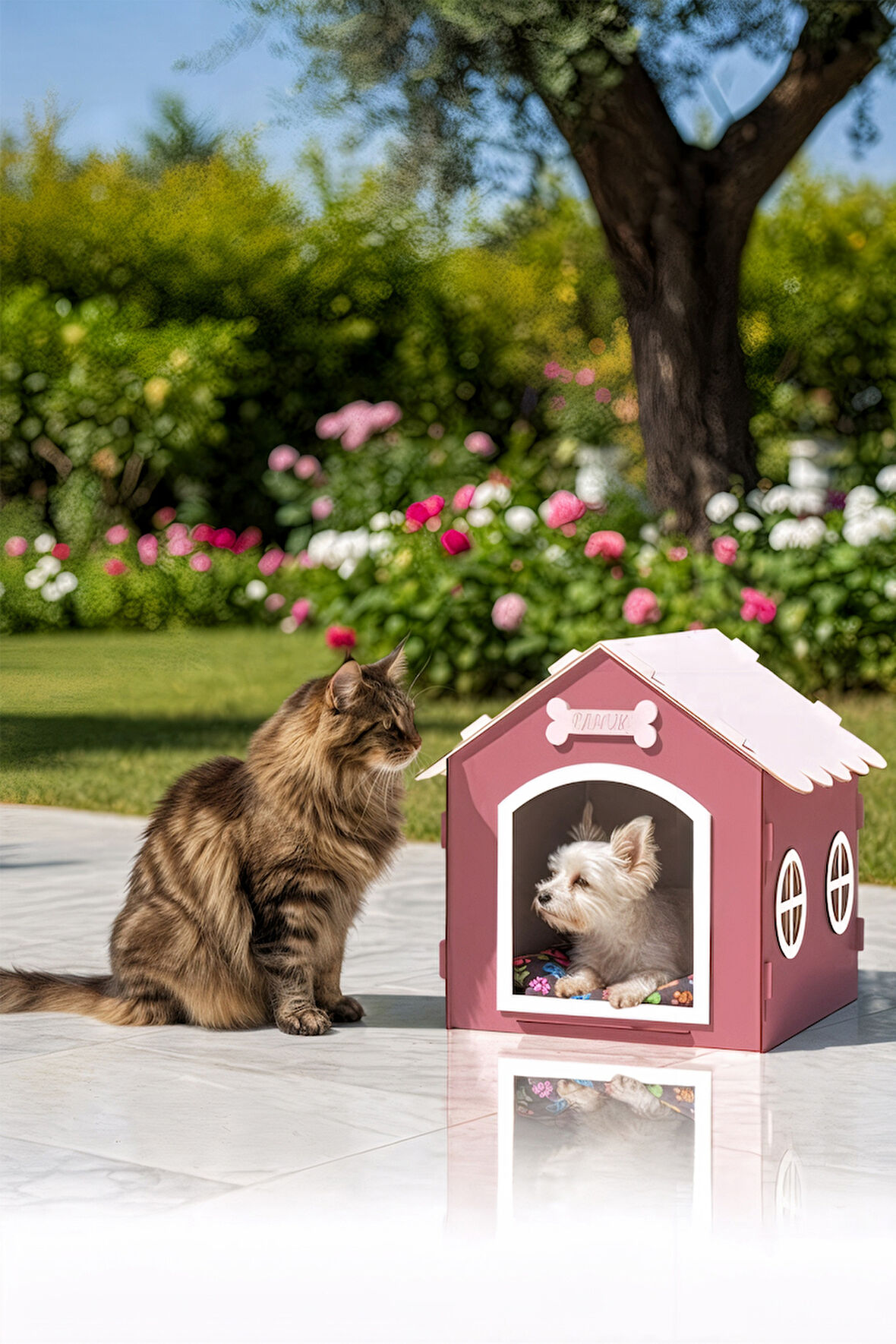 Ahşap Özel İsim Baskılı Dekoratif Köpek Evi-Kulübesi, Küçük Irk Köpekler İçin Kulübe, Köpek Kulübesi Pembe