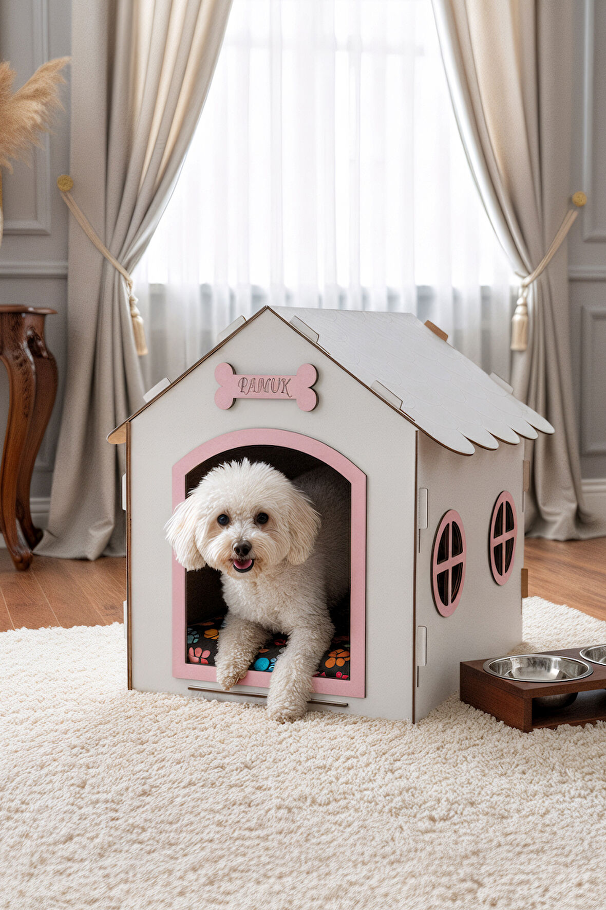 Ahşap Dekoratif Köpek Evi-Kulübesi, Küçük Irk Köpekler İçin Kulübe, Köpek Kulübesi Beyaz-Pembe