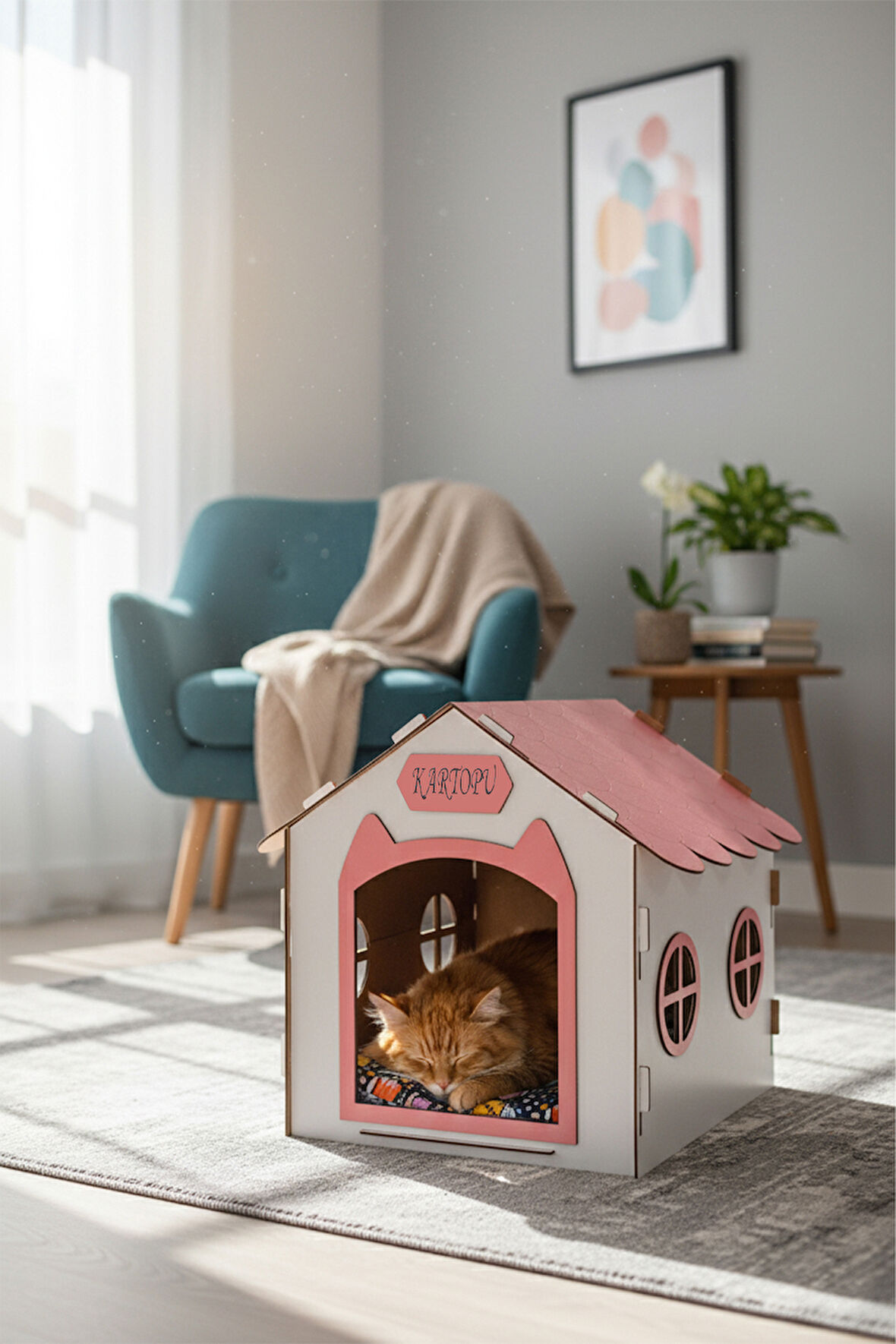 Ahşap Özel İsim Baskılı Dekoratif Kedi Evi-Kulübesi, Kediler İçin Kulübe, Kedi Kulübesi Beyaz-Pembe