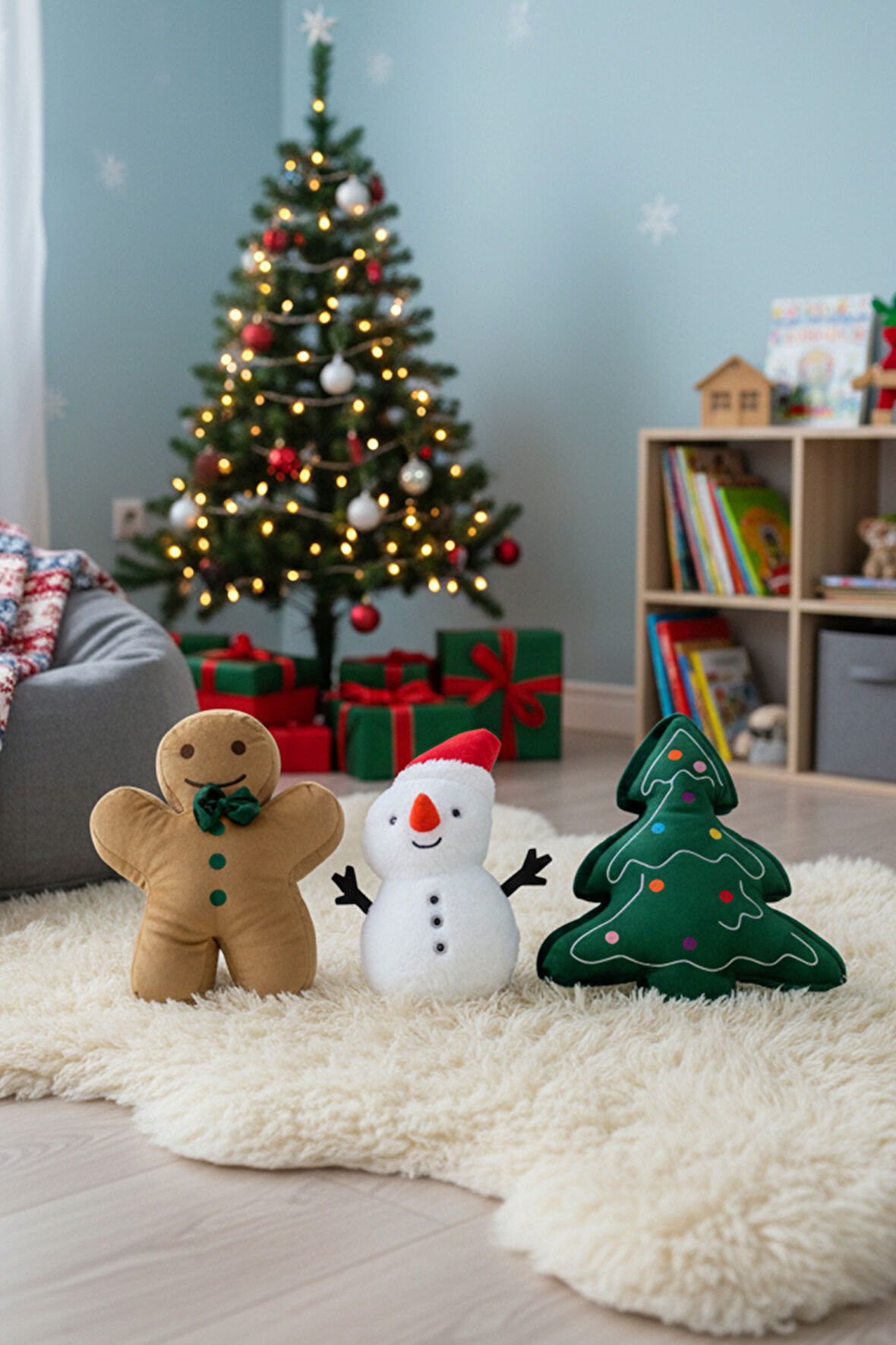 3’lü Peluş Set – Kardan Adam, Kurabiye Adam ve Çam Ağacı Hediyelik Dekoratif Oyuncak