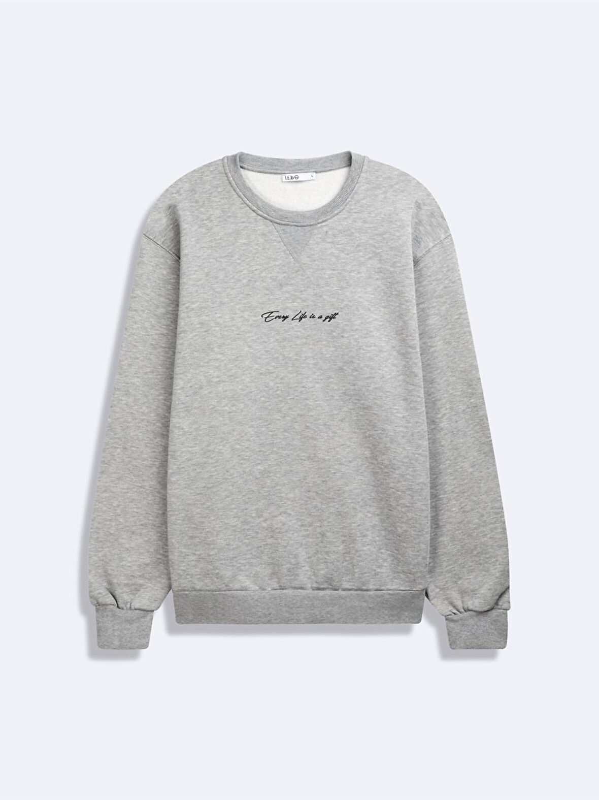 Uzun Kollu Sıfır Yaka Slogan Baskılı Gri Sweatshırt