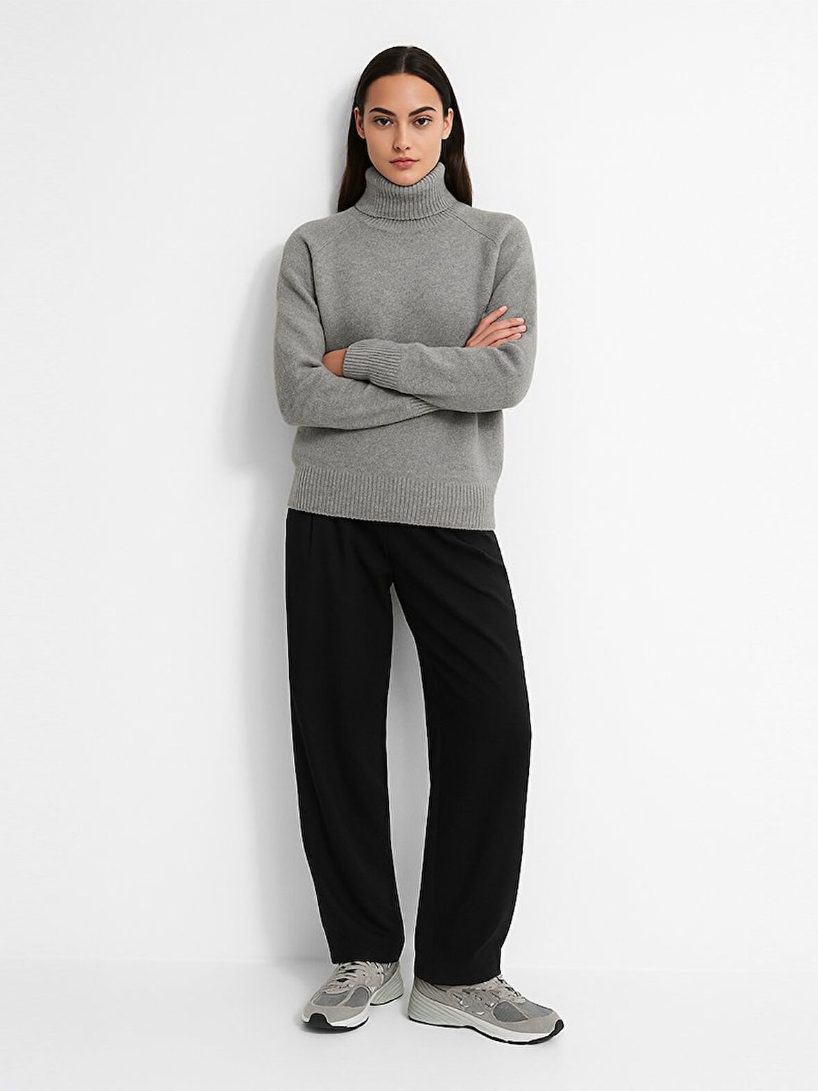 Uzun Kollu Balıkçı Yaka Triko Gri Kazak