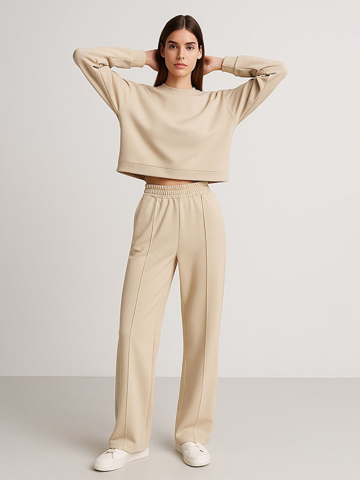 Yüksek Bel Rahat Kesim Krem Eşofman