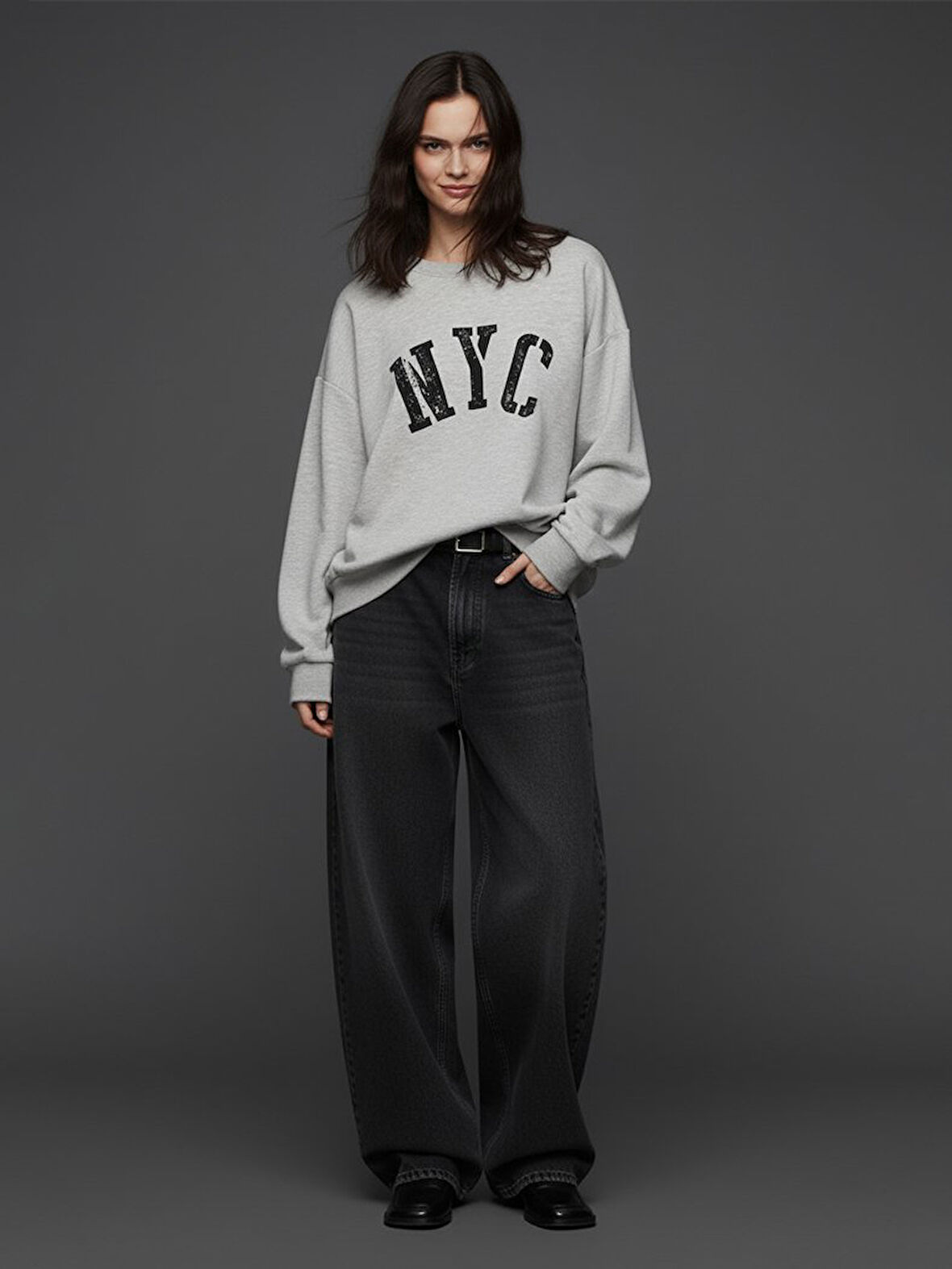 Uzun Kollu Sıfır Yaka Slogan Baskılı Gri Sweatshırt