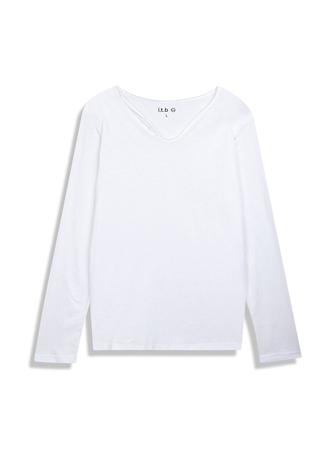 Uzun Kollu V Yaka Önü Düğmeli Basıc Beyaz Sweatshırt