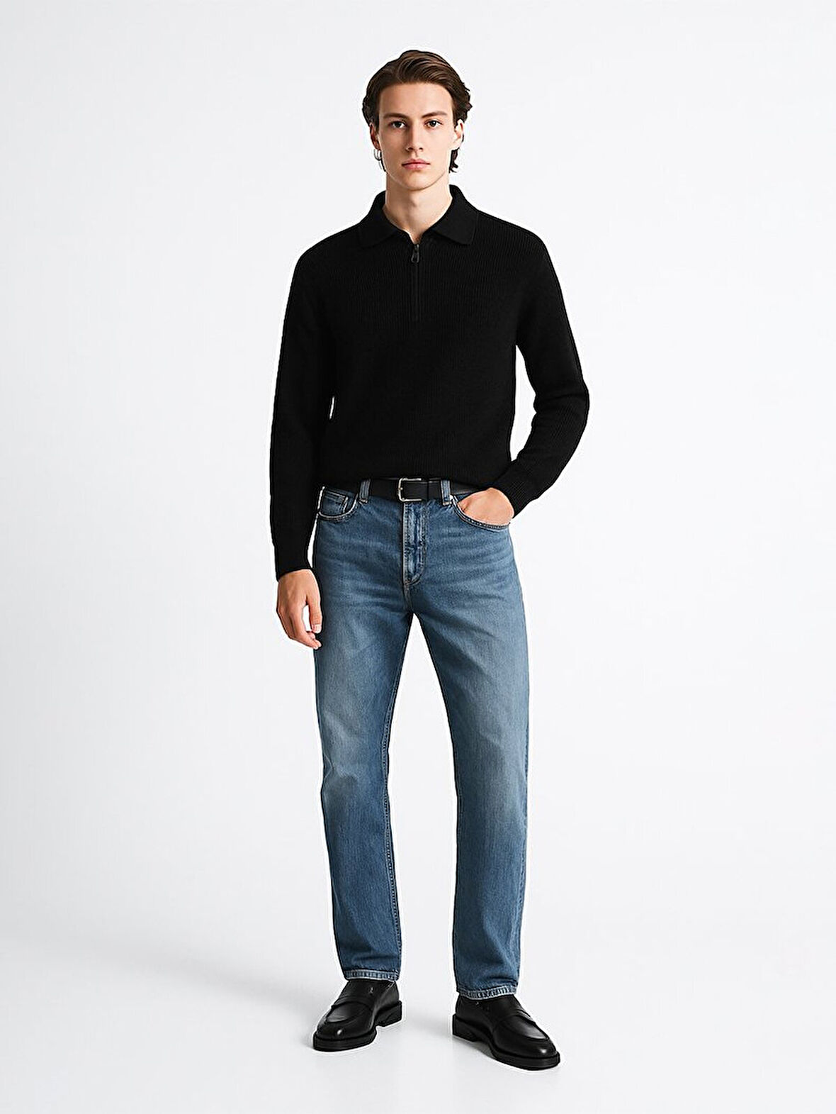 Polo Yaka Yarım Fermuarlı Triko Siyah Kazak