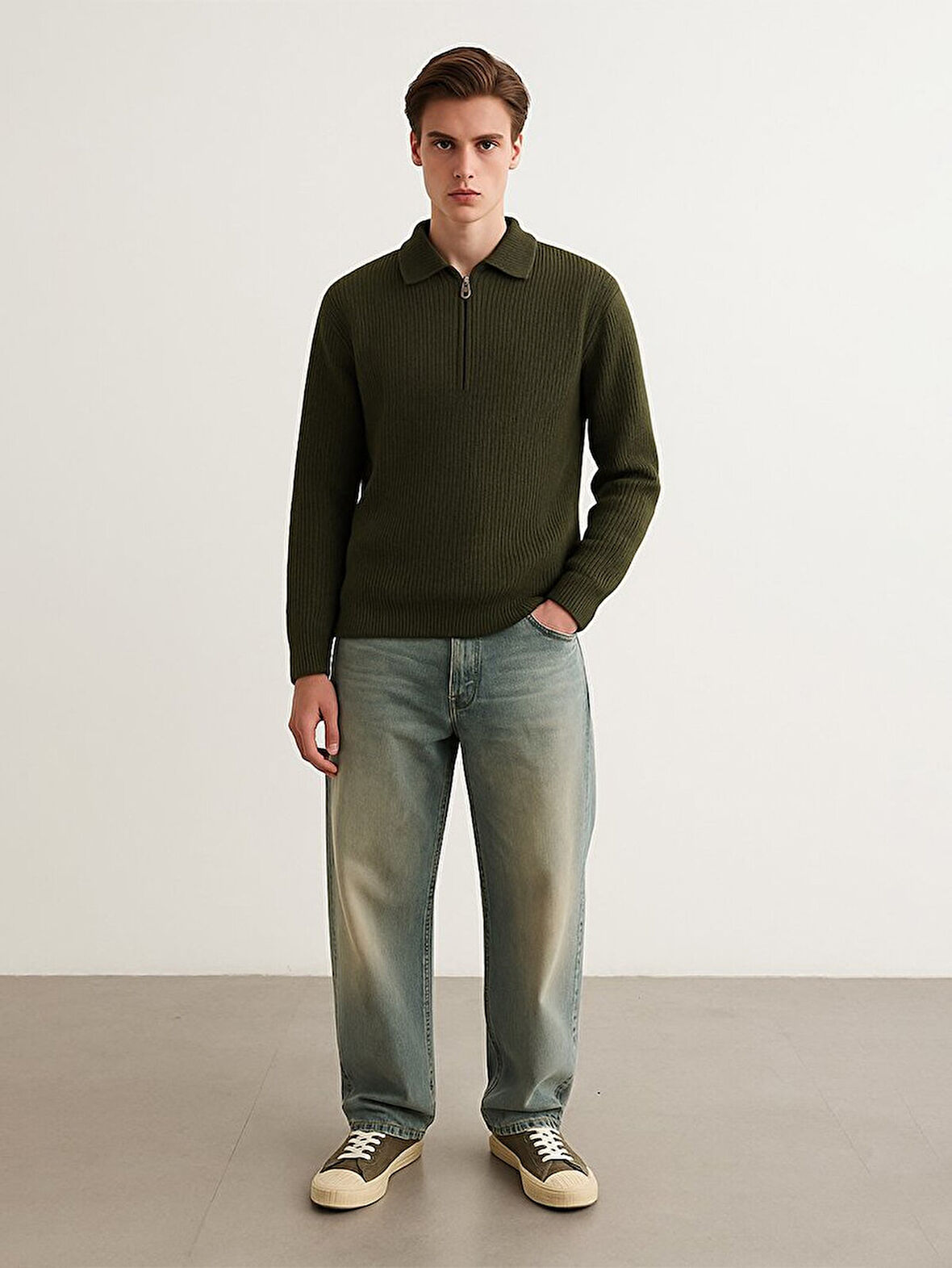 Polo Yaka Yarım Fermuarlı Triko Yeşil Kazak