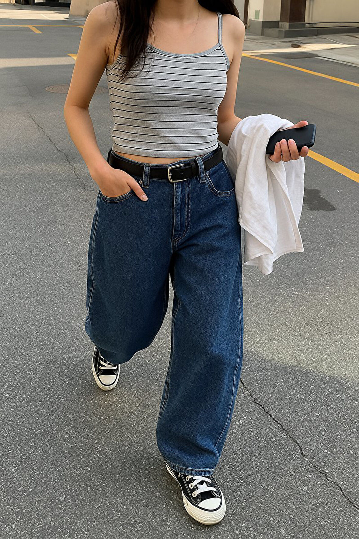 İnce Askılı Çizgili Crop Gri Atlet