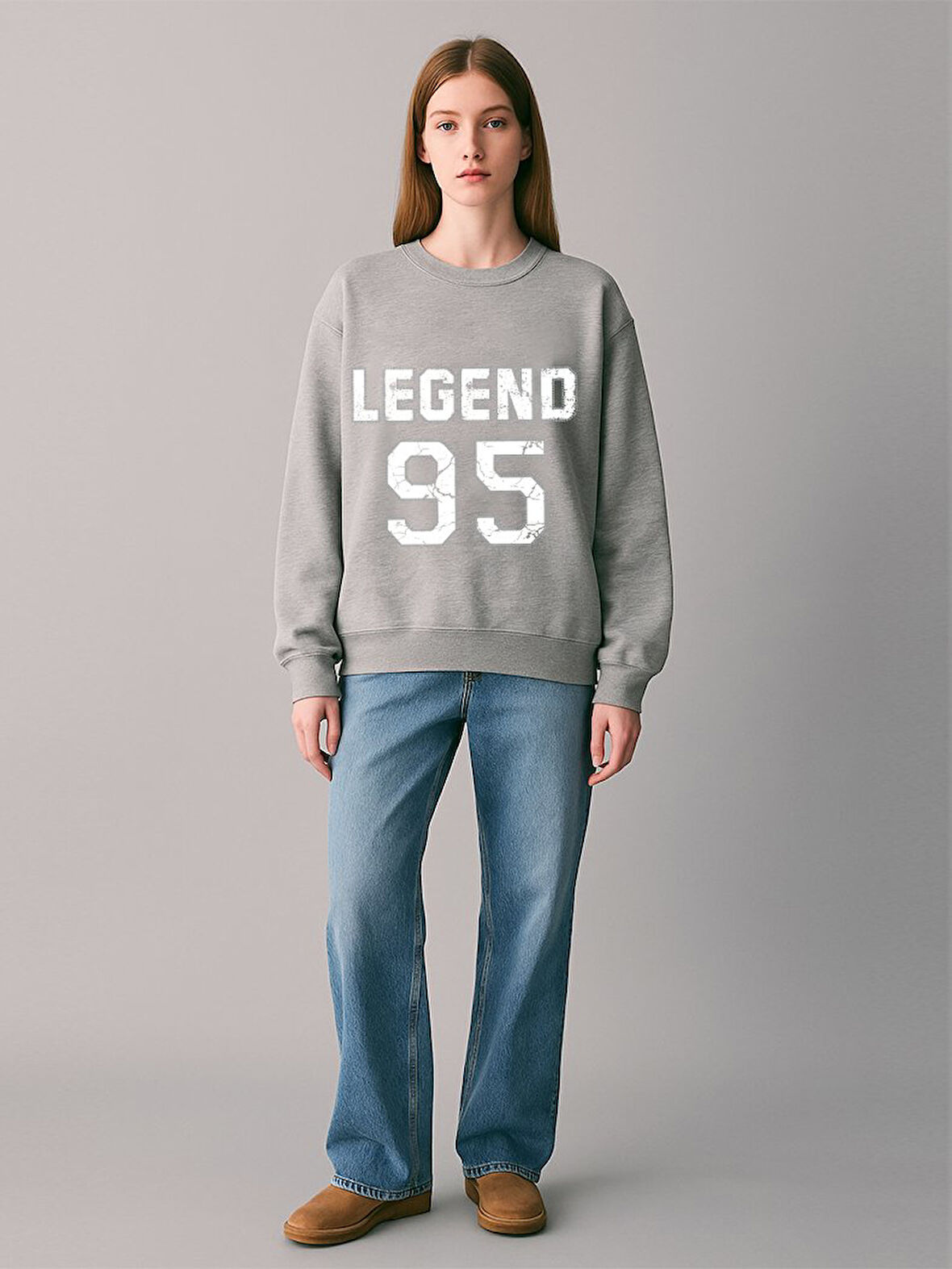 Uzun Kollu Sıfır Yaka Slogan Baskılı Gri Sweatshırt