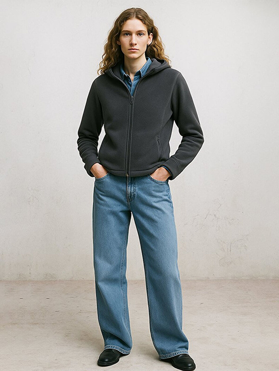 Fermuarlı Regular Kapüşonlu Polar Düz Fit Gri Sweatshırt