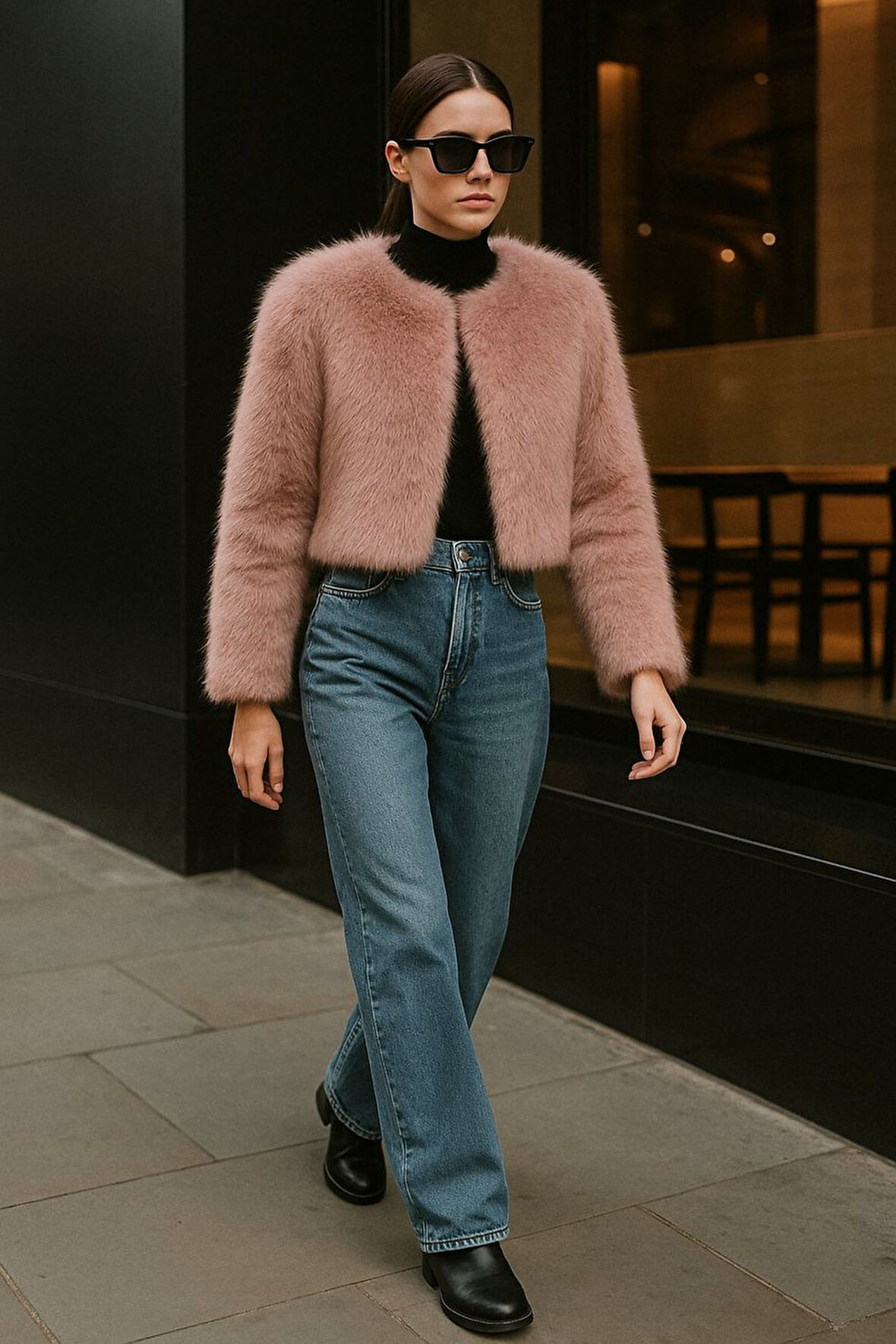 Uzun Kollu Suni Kürk Bej Ceket