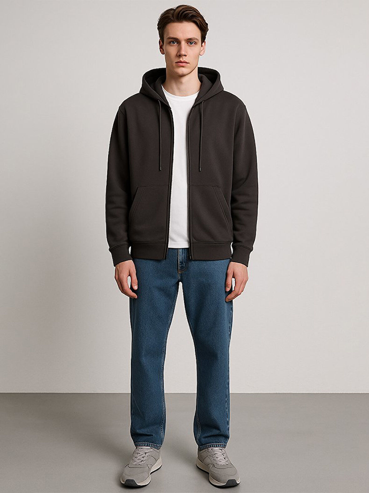 Kapüşonlu Fermuarlı Basic Antrasit Sweatshırt