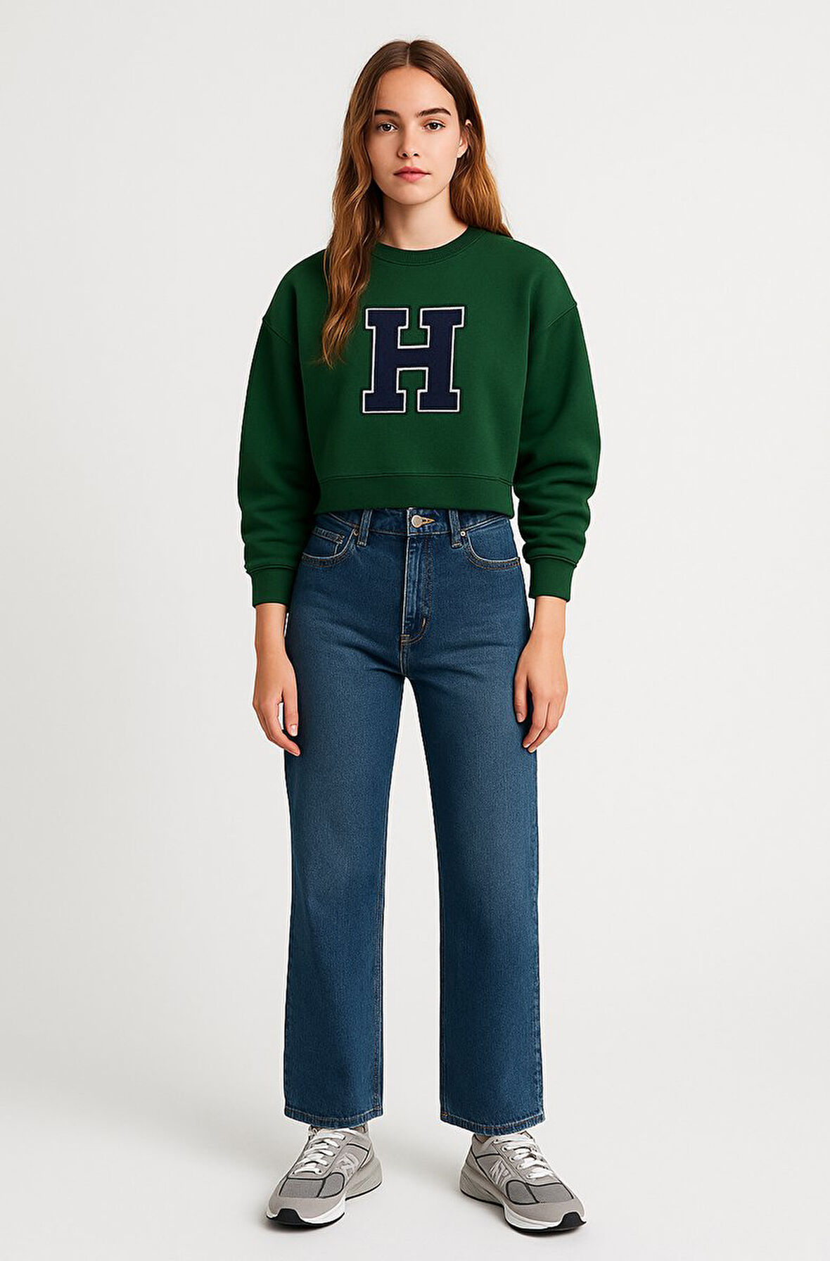 Bisiklet Yaka Baskılı Crop Yeşil Sweatshırt