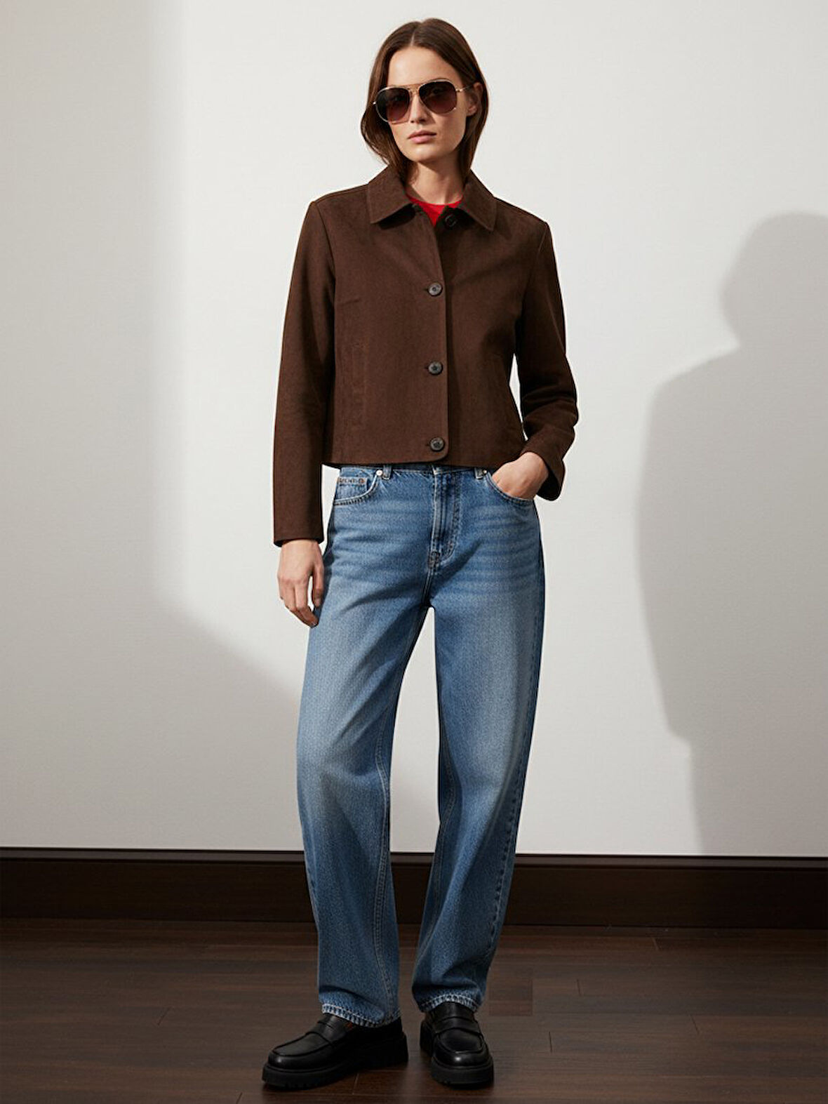 Uzun Kollu Önü Düğmeli Cropped Kahve Rengi Ceket