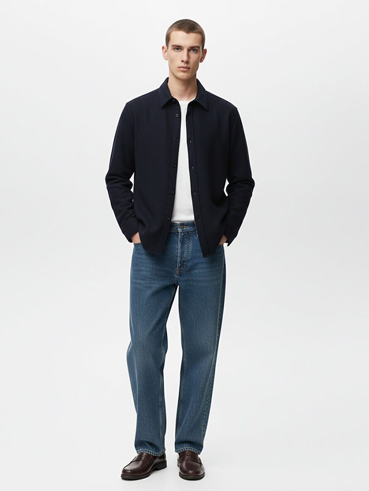 Uzun Kollu Önü Düğmeli Basic Lacivert Gömlek