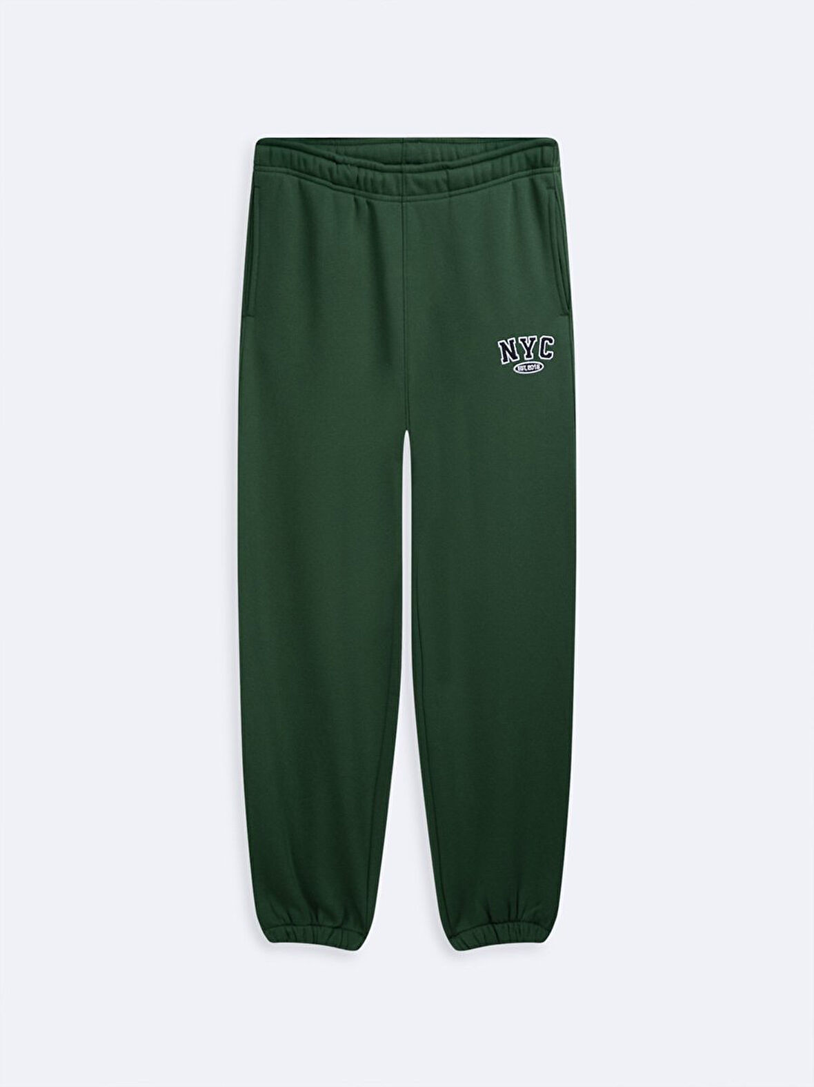 Beli Lastikli Slogan Baskılı Dar Paça Yeşil Eşofman