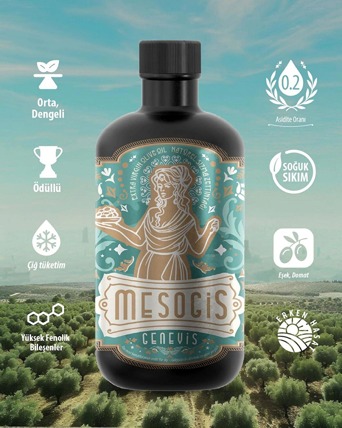 Mesogis Geneviş – Uluslararası Ödüllü Dengeli Natürel Sızma Zeytinyağı | Erken Hasat | Soğuk Sıkım | 500ml