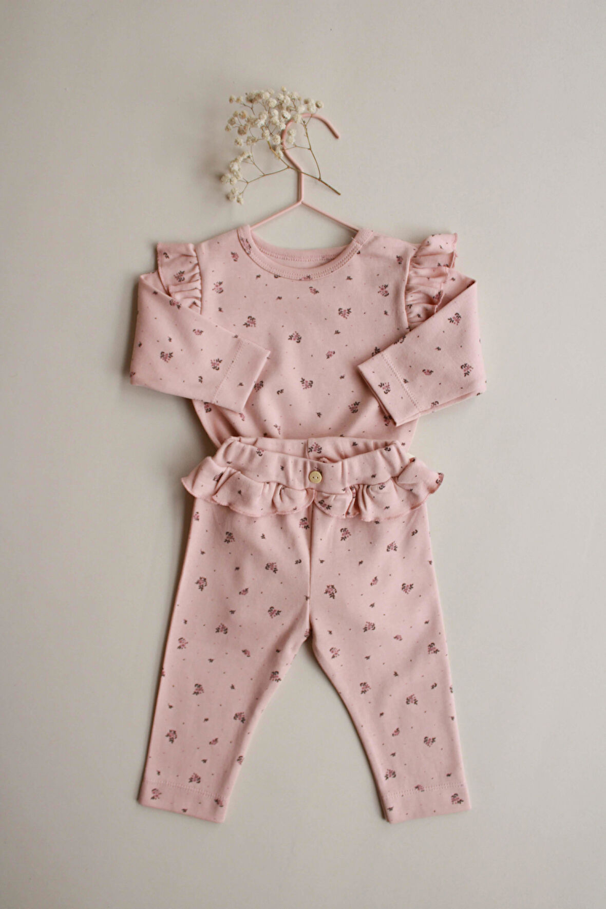 Gül Baskılı Fırfırlı Body Tayt Takım