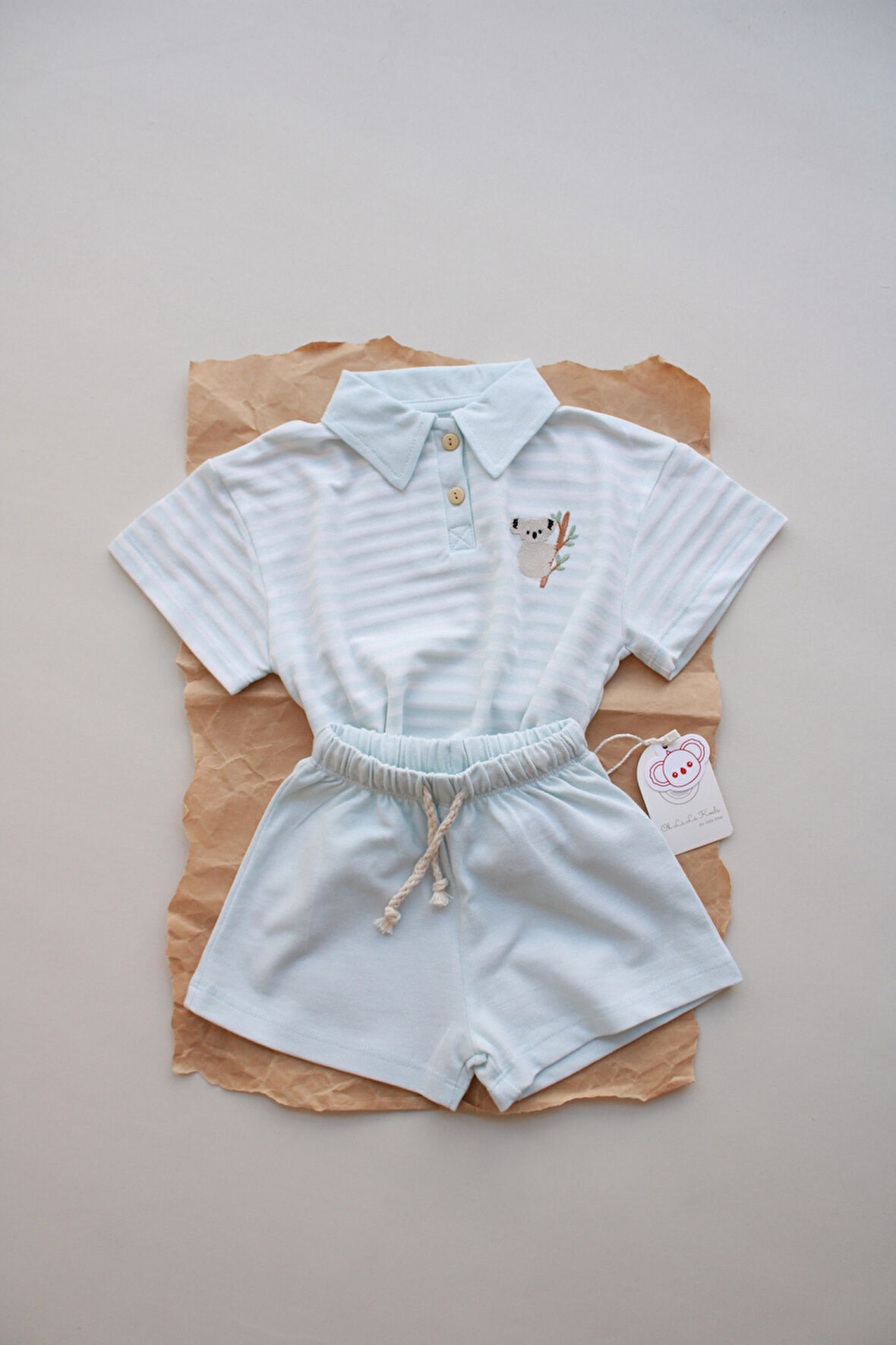 Mavi Çizgili Koala Nakışlı Polo Yaka  Şortlu Takım