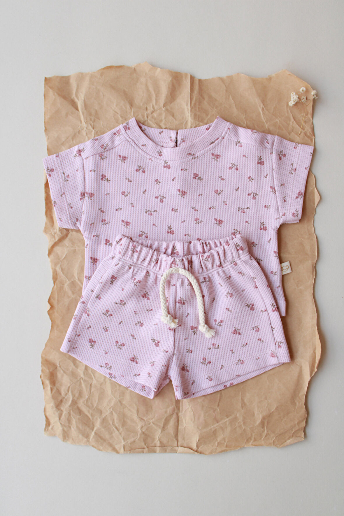 Pembe Çiçek Baskılı Waffle Şort Takım