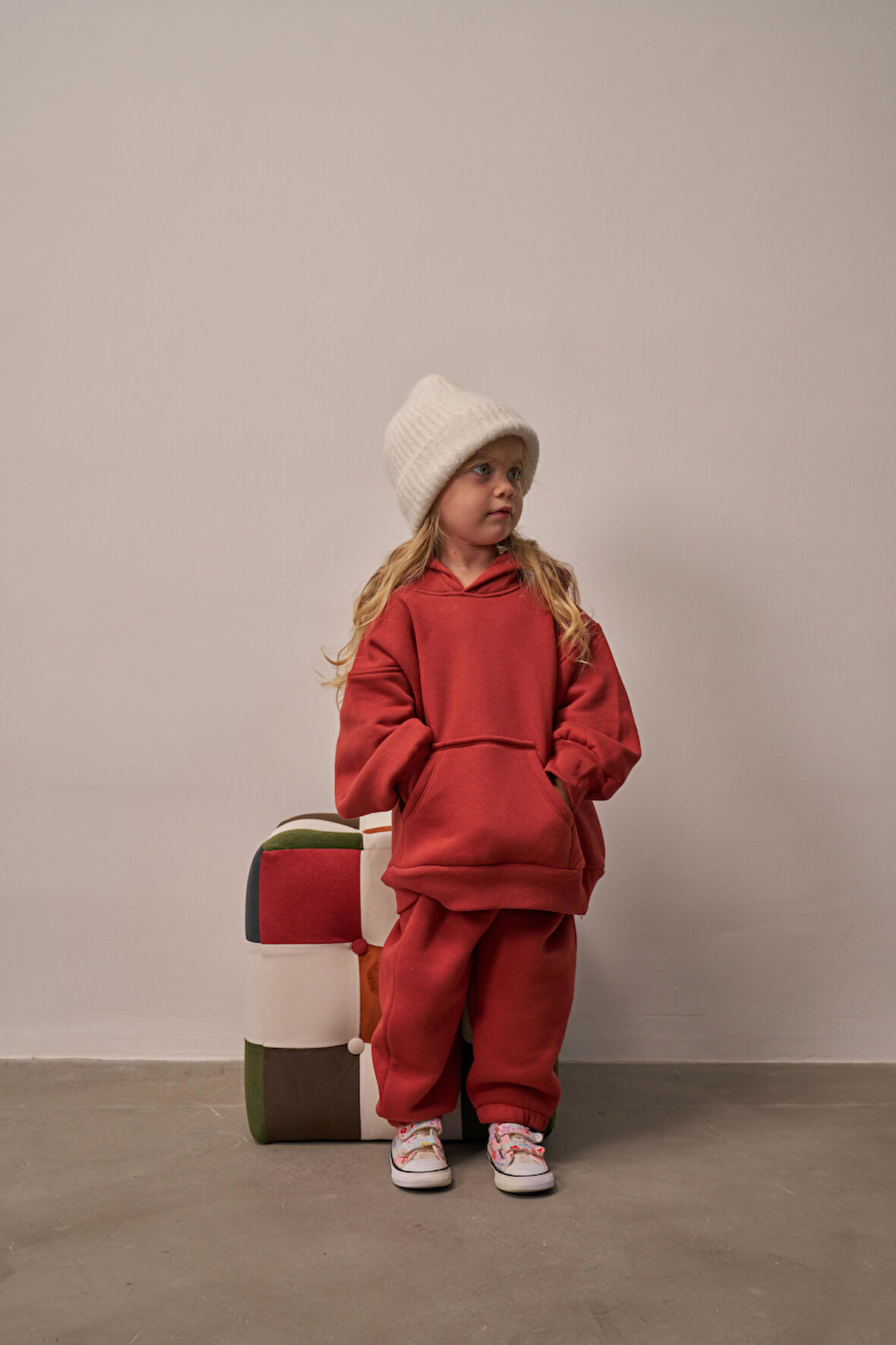 Kiremit Çocuk Kanguru Cepli Oversize Eşofman Takımı