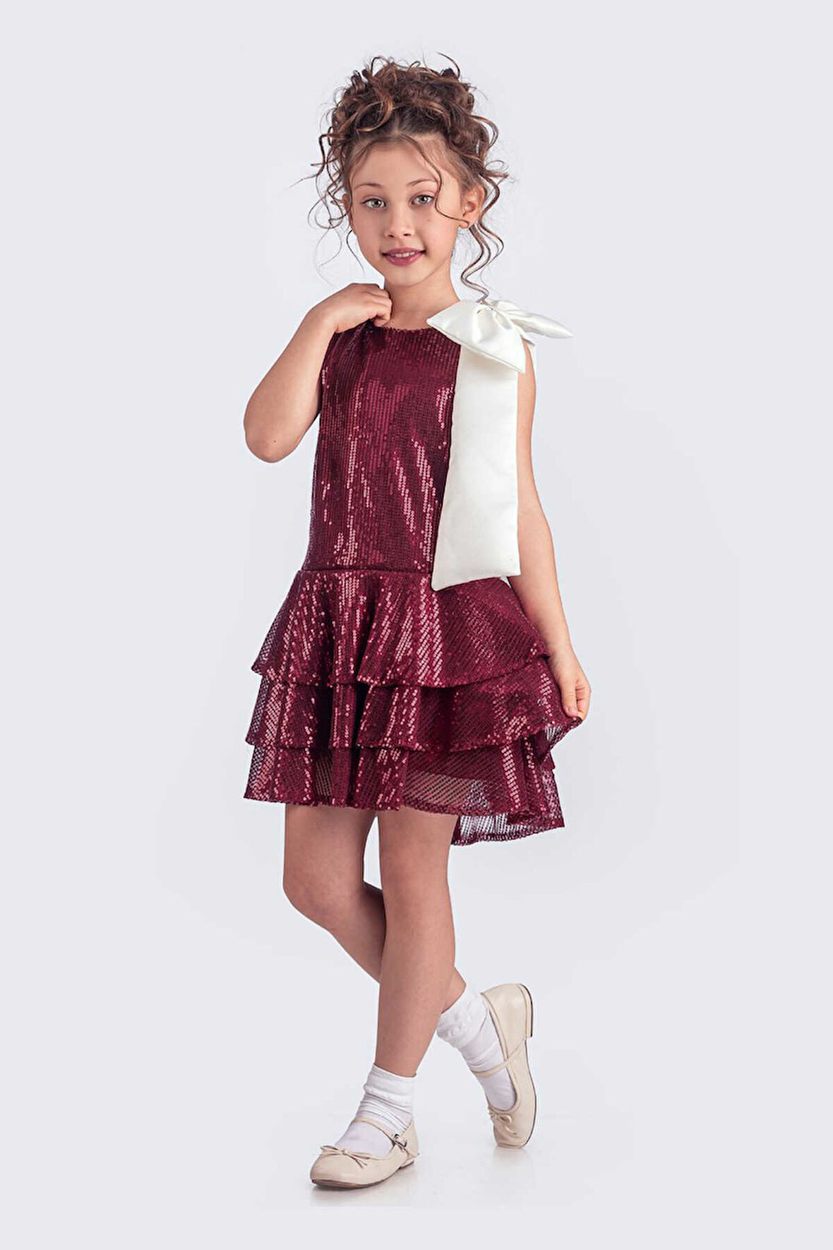 Bordo Pullu 3 Kat Etekli Şık Elbise 1674