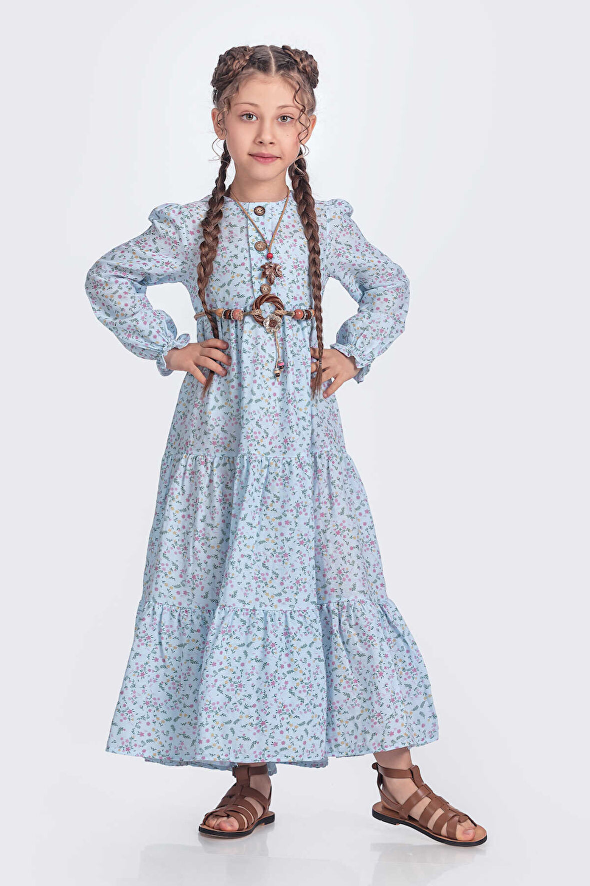 Mavi Müslin Kumaş Kız Çocuk Uzun Kol Elbise 1675