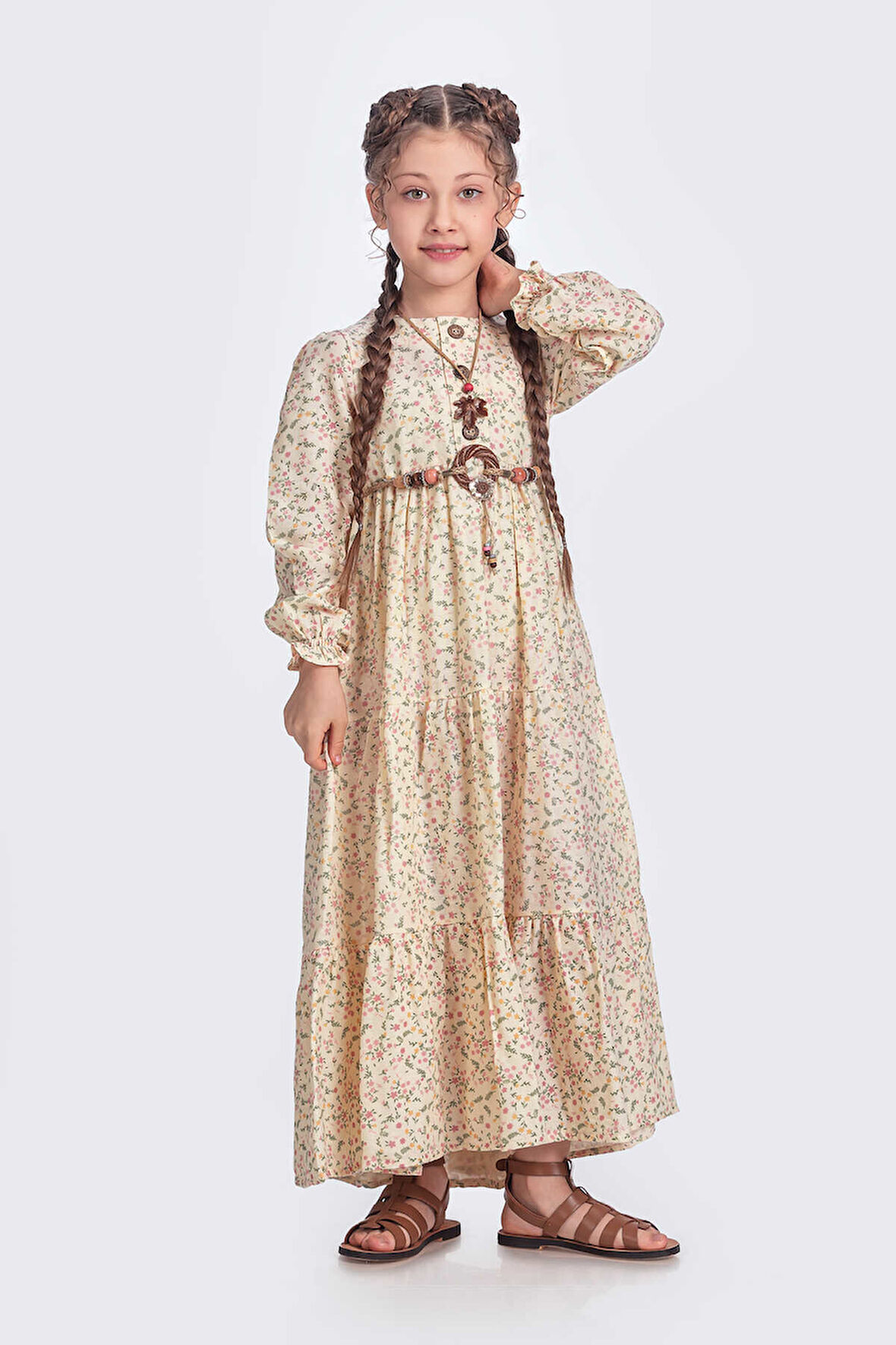 Sarı Müslin Kumaş Kız Çocuk Uzun Kol Elbise 1675