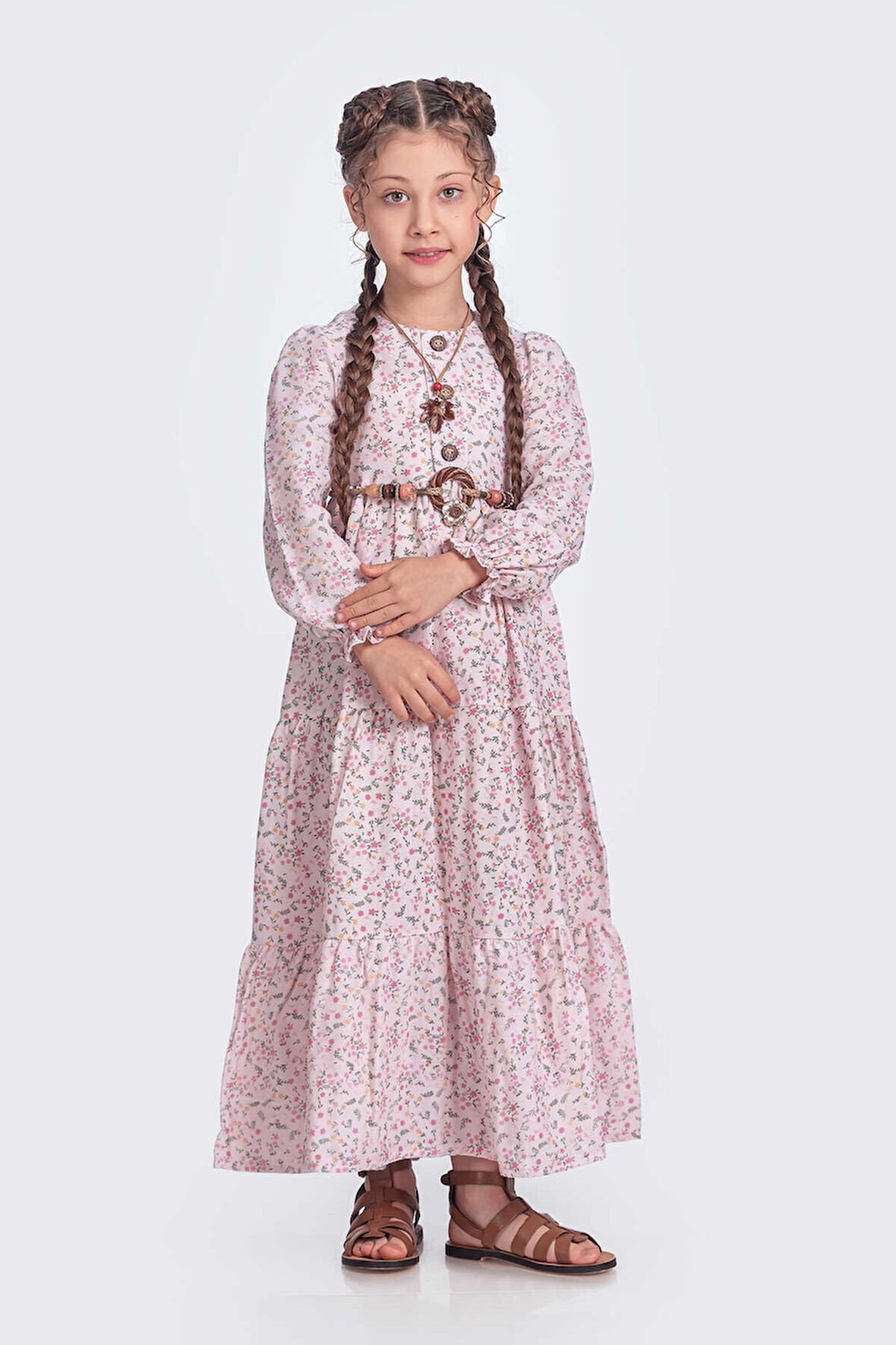 Pembe Müslin Kumaş Kız Çocuk Uzun Kol Elbise 1675