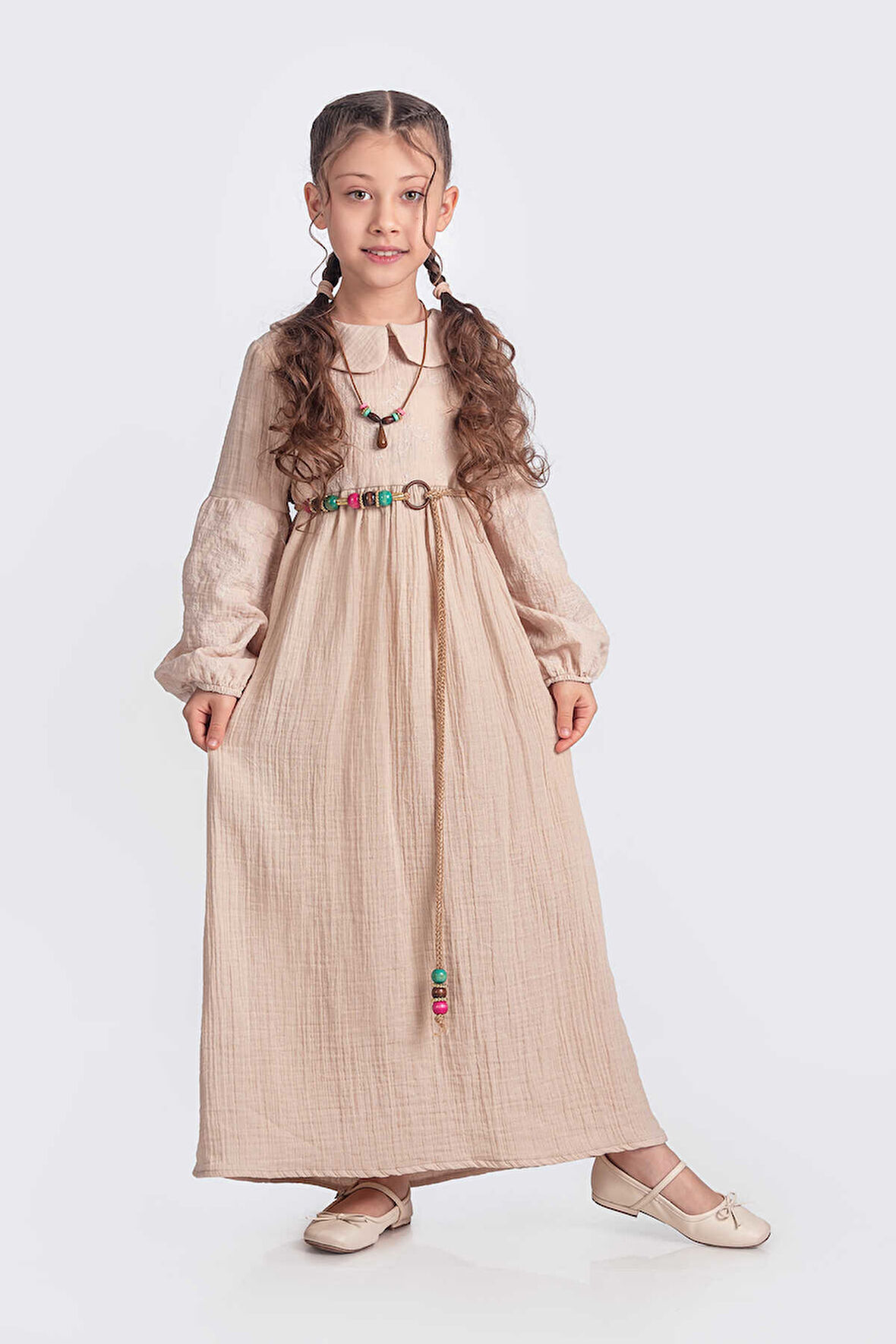 Bej Müslin Kumaş Bebe Yaka Kız Çocuk Uzun Kol  Elbise 1679