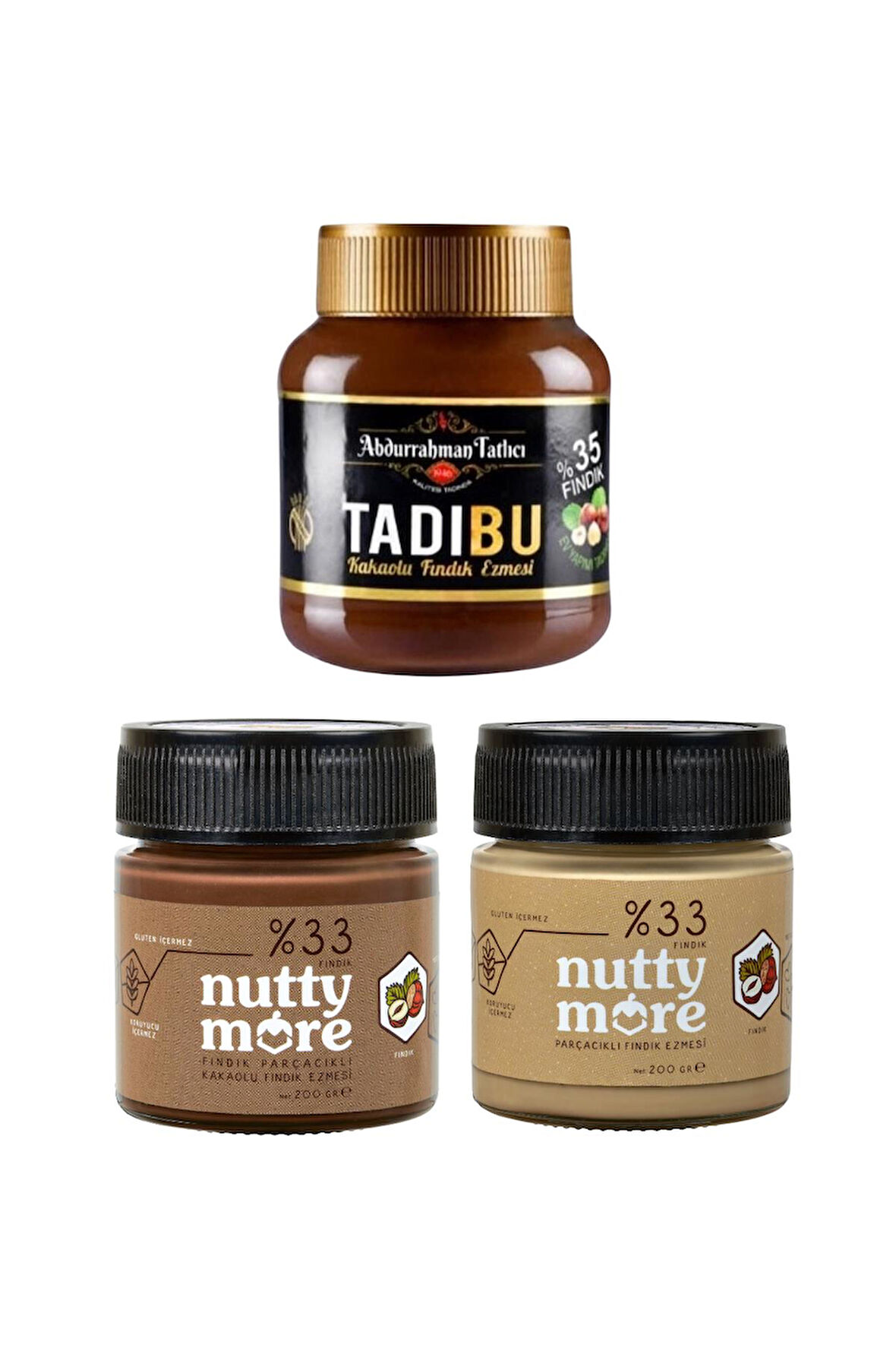 Abdurrahman Tatlıcı Tadıbu 330 gr & Nutty More %33 Fındık Parçacıklı Fındık Ezmesi ve Kakaolu Fındık Ezmesi 200 gr x 2 Adet