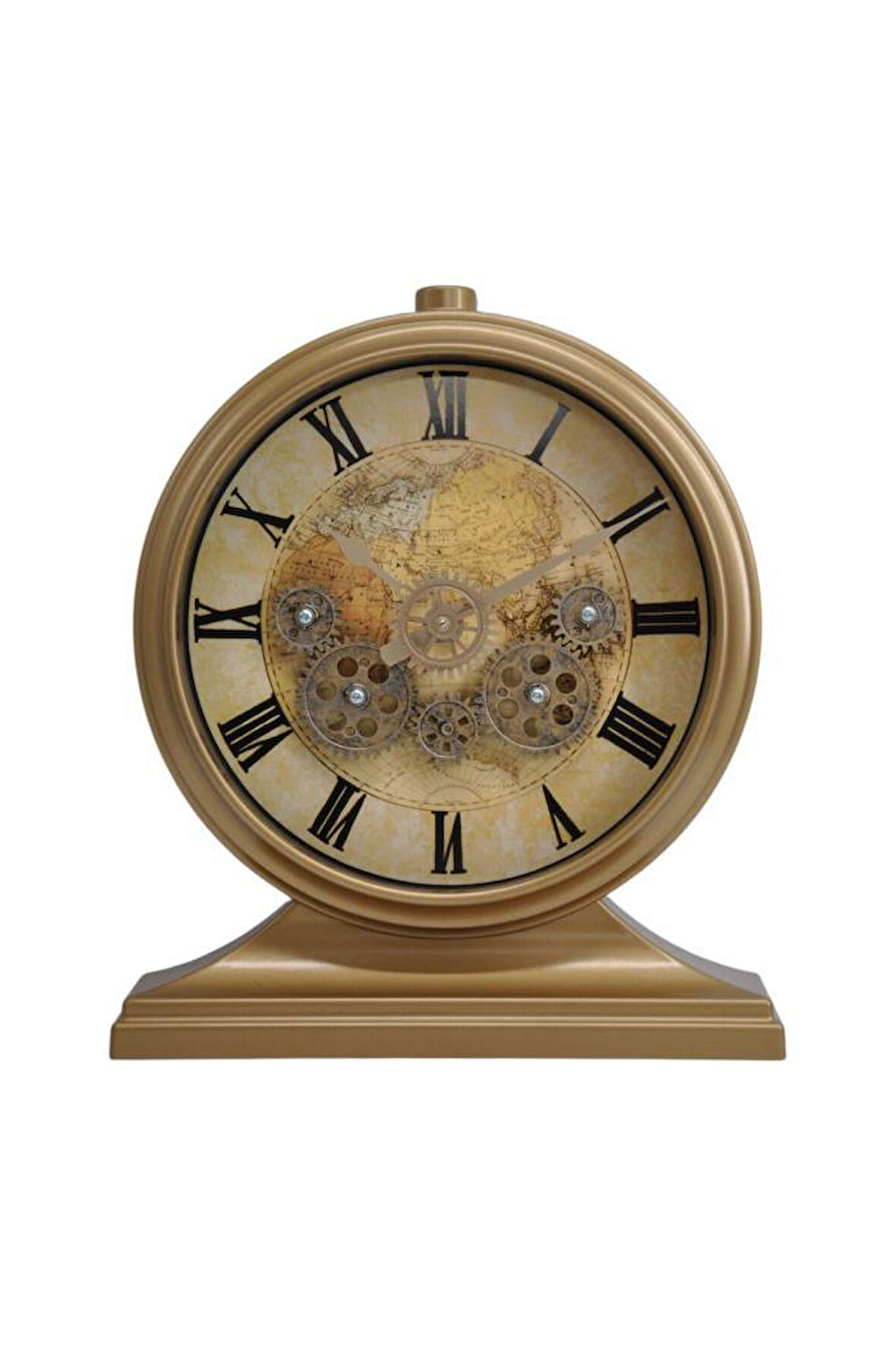 Efe Mark Premium Serisi Modern Kadranlı Döner Çarklı 32x28 CM Ev ve Ofis Masa ve Duvar Saati Roma Rakamlı Harita Baskılı Gold