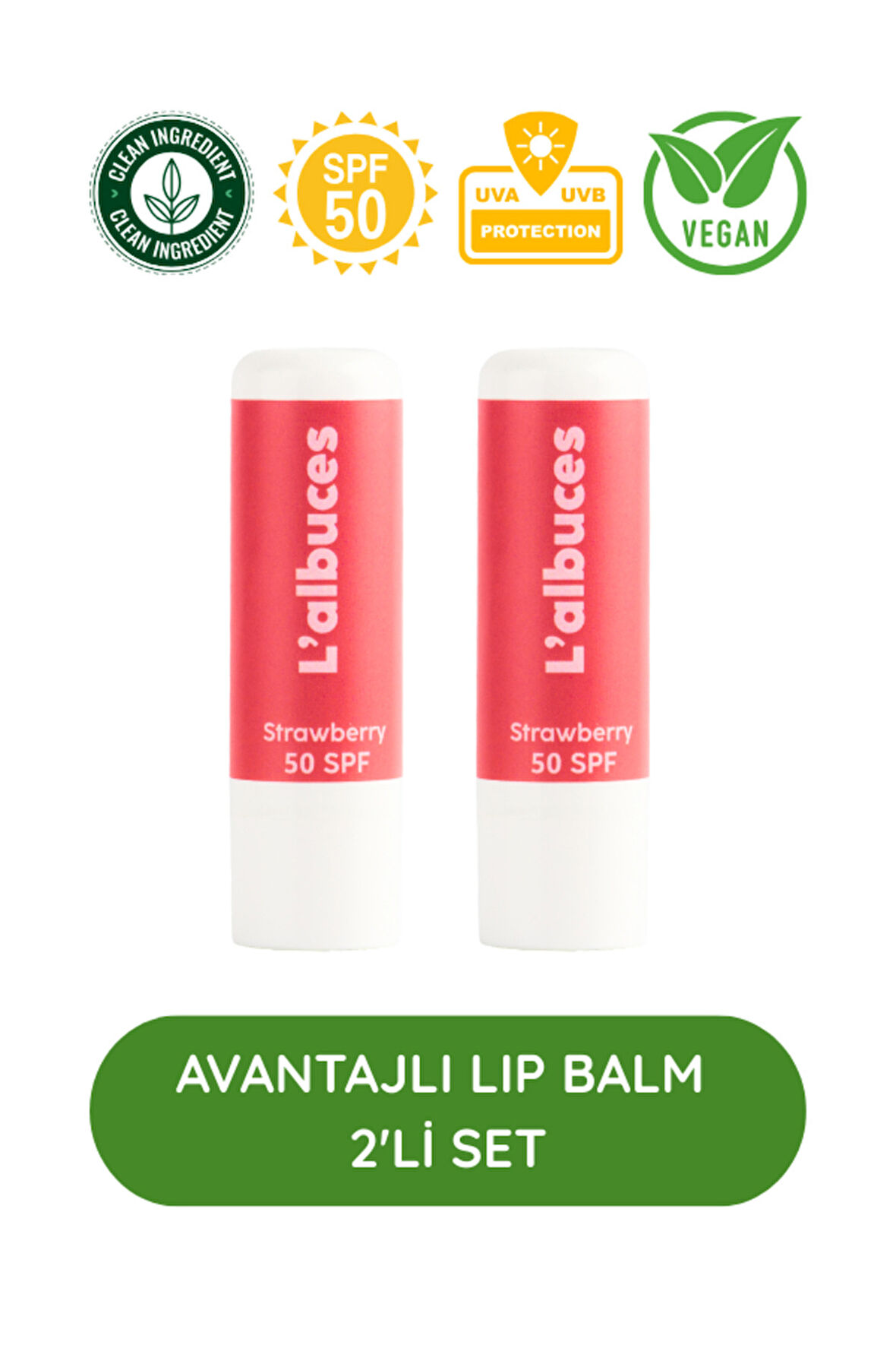 50 SPF Strawberry Lip Balm 2’li Set – Yüksek Güneş Koruması & Nem