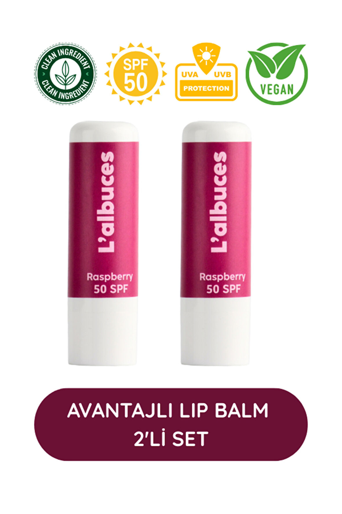 50 SPF Raspberry Lip Balm 2’li Set – Yüksek Güneş Koruması & Nem