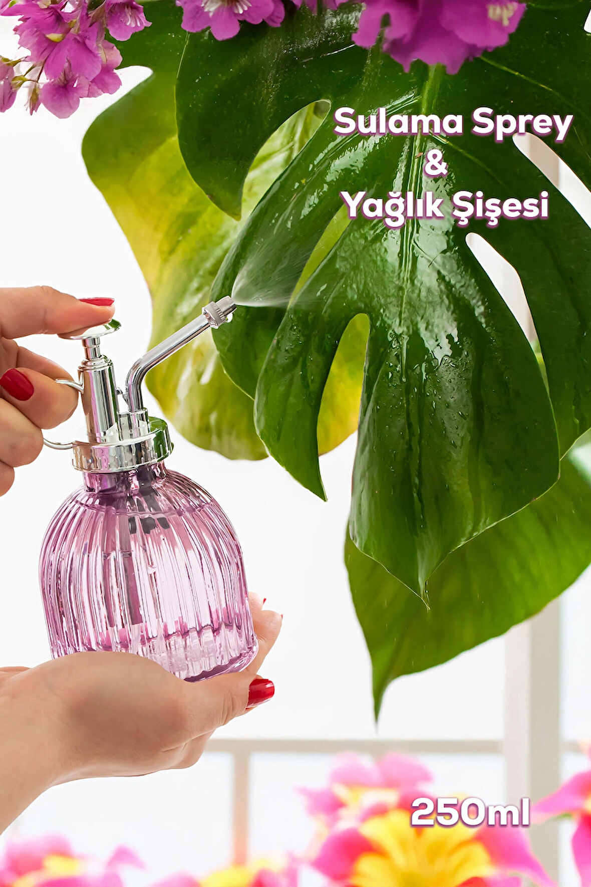 Perotti 15731 Mor Vintage Cam Bitki Sulama Şişesi Oda Kokusu Dağıtıcı Çok Amaçlı Sprey Şişe 250 ml 