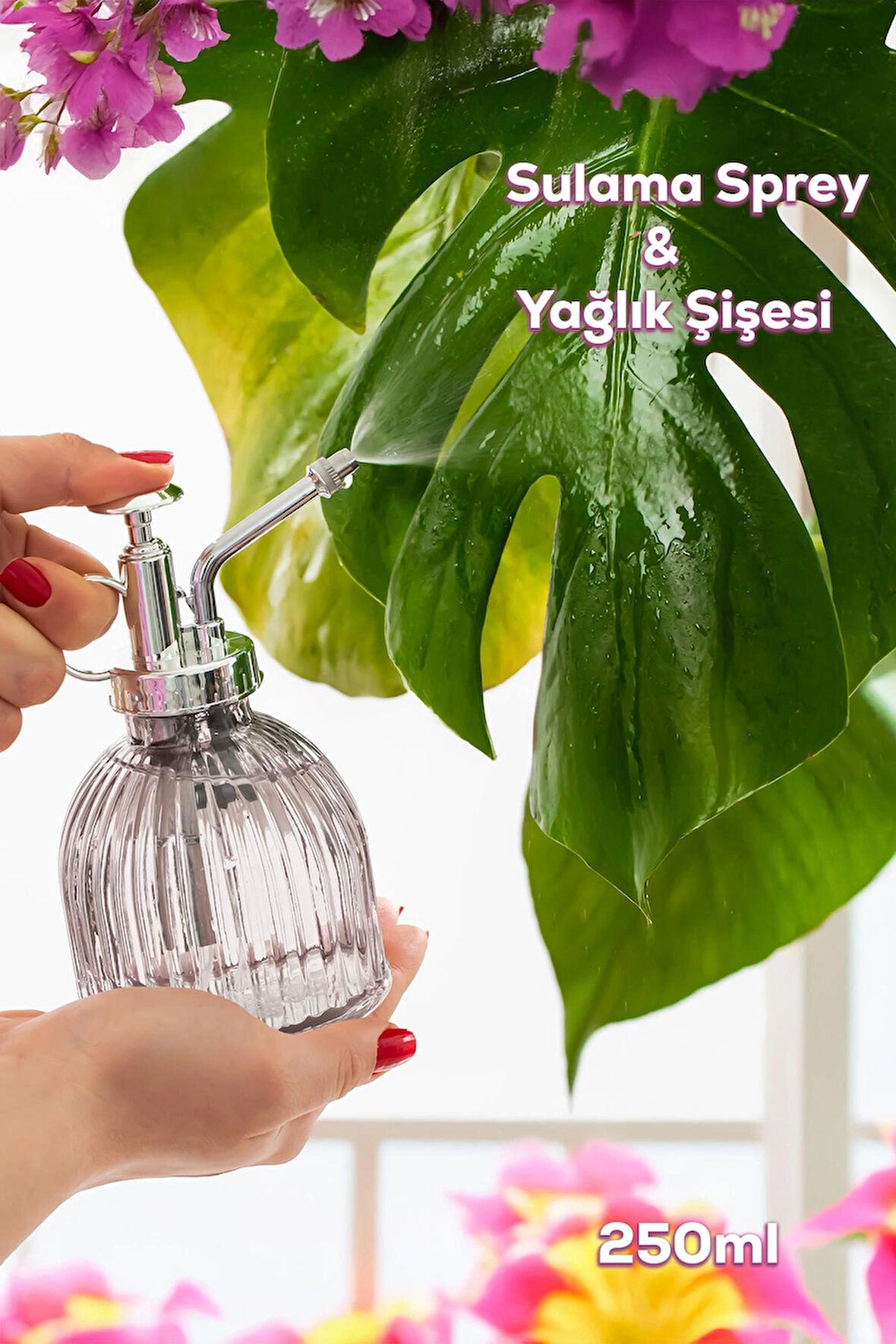 Perotti 15731 Gri Vintage Cam Bitki Sulama Şişesi Oda Kokusu Dağıtıcı Çok Amaçlı Sprey Şişe 250 ml 