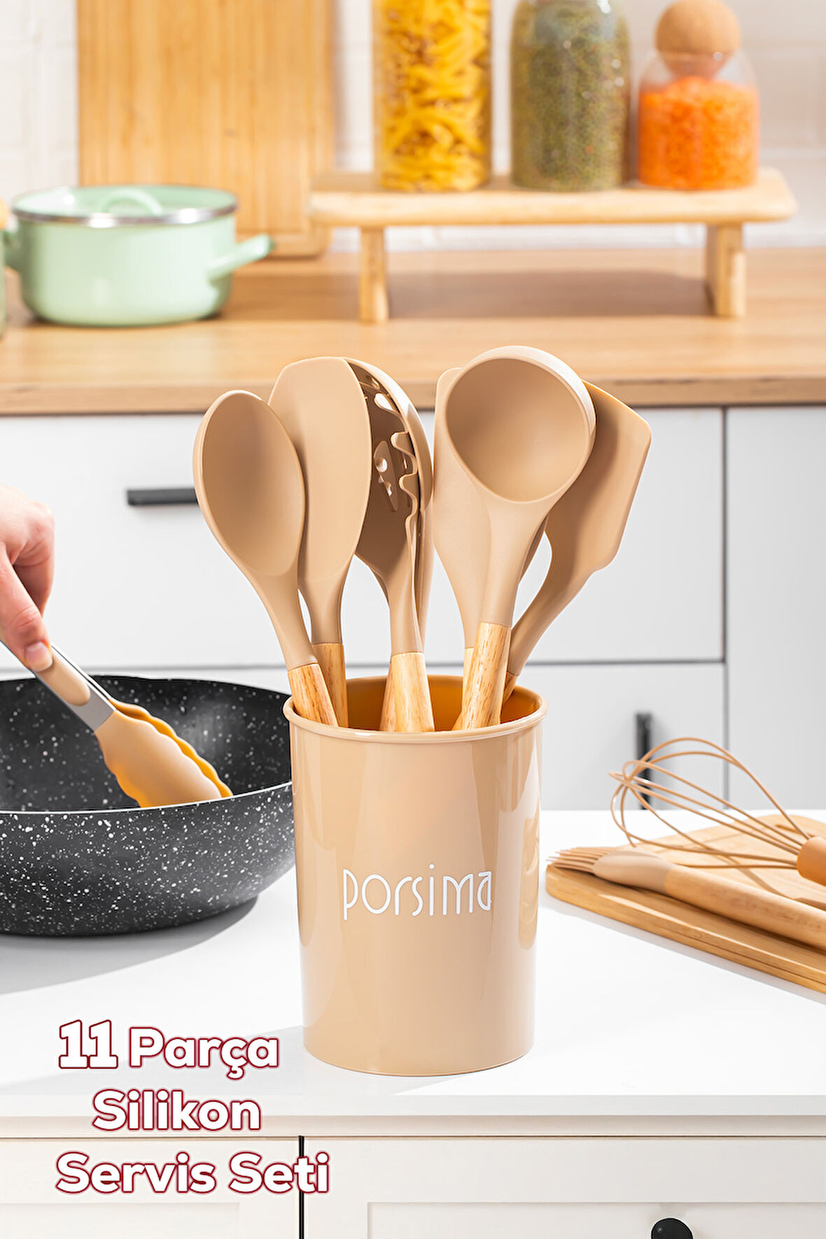 Porsima 3164 Standlı Ahşap Silikon 11 Parça Servis Takımı Seti Kapicino