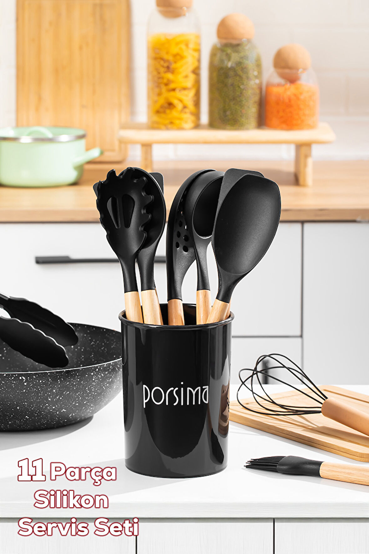 Porsima 3165 Standlı Ahşap Silikon 11 Parça Servis Takımı Seti Siyah
