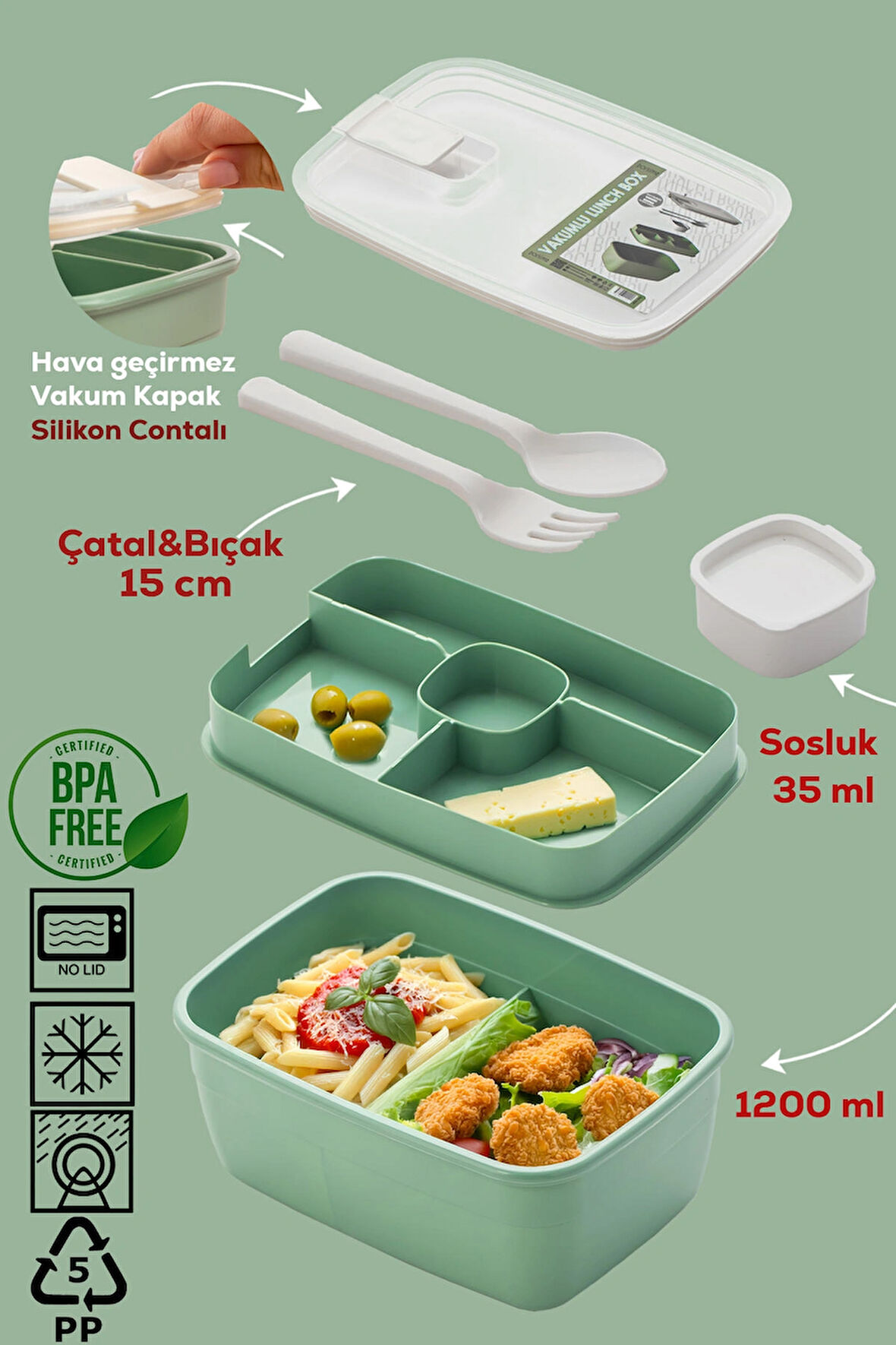 Porsima 3191 Vakumlu Kendinden Kaşık Çatallı Sosluklu Bölmeli Beslenme Çantası - Taşınabilir 2 Katlı Lunch Box - Sefer Tası 1200 Ml Yeşil