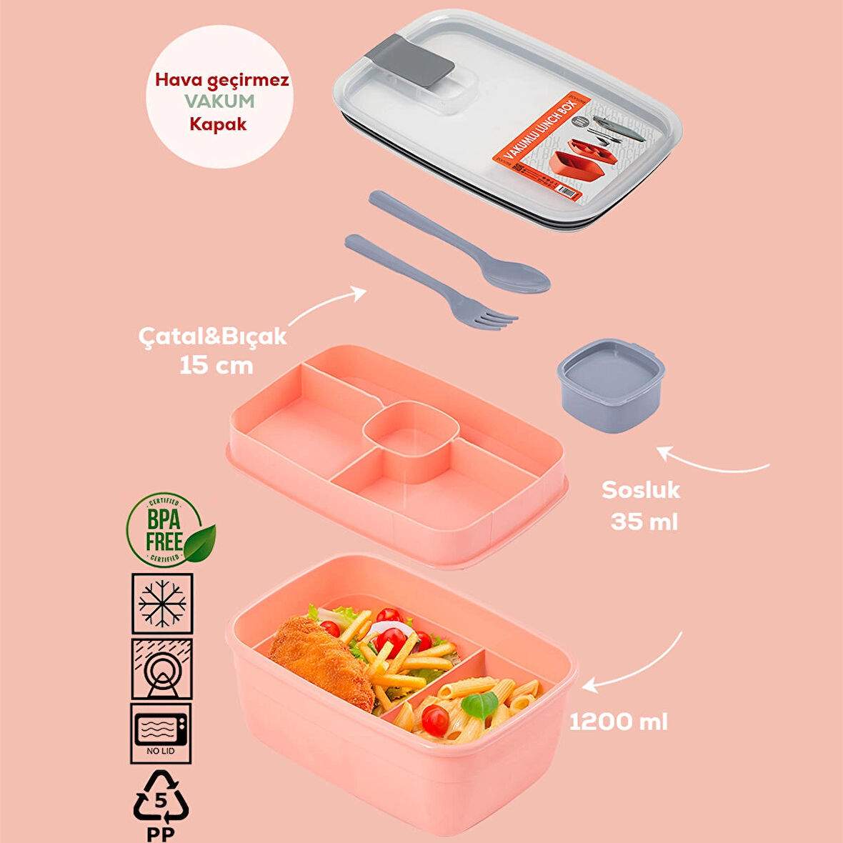 Porsima 3193 Vakumlu Kendinden Kaşık Çatallı Sosluklu Bölmeli Beslenme Çantası - Taşınabilir 2 Katlı Lunch Box - Sefer Tası 1200 Ml Somon
