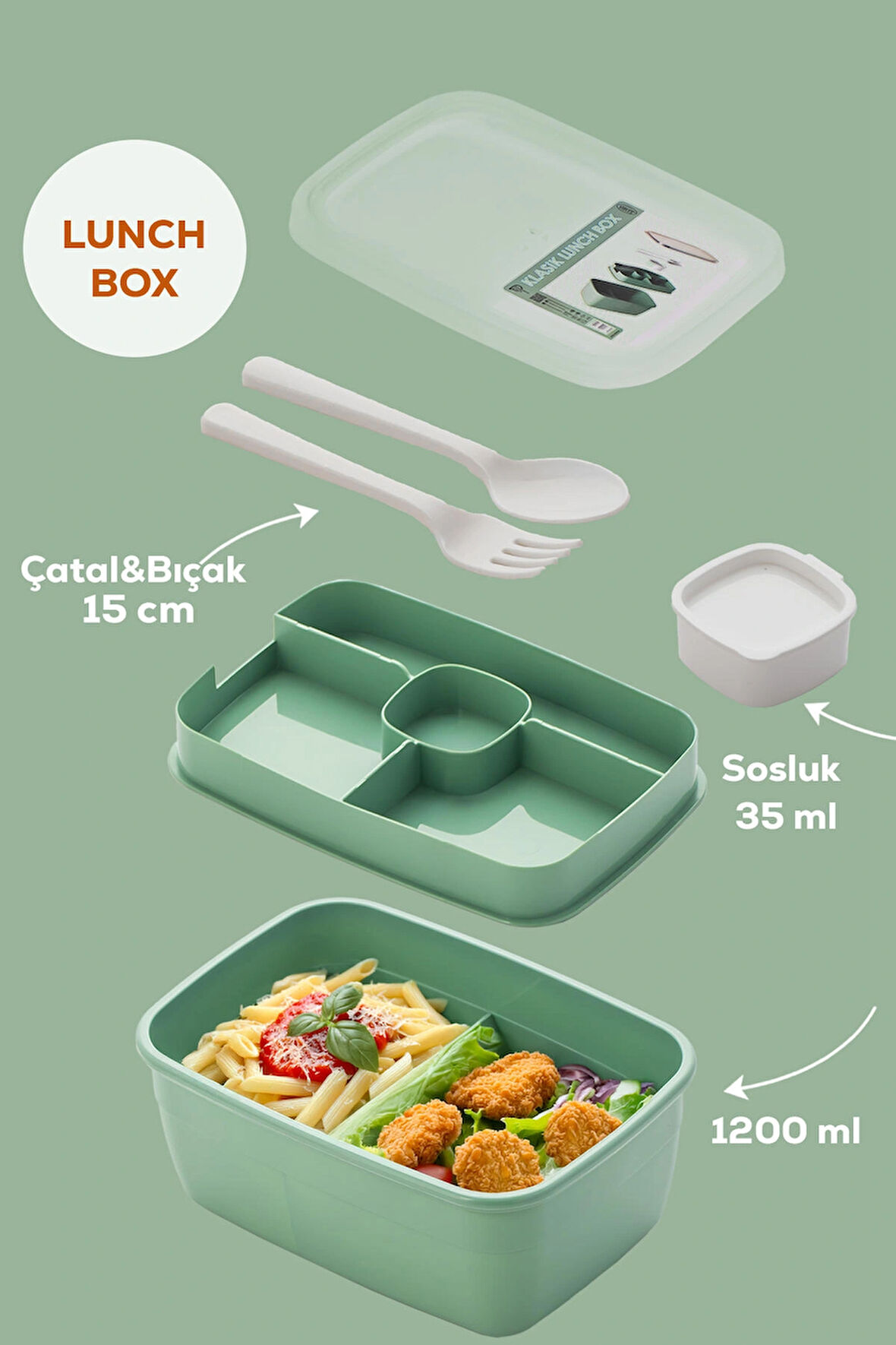 Porsima 3198 Vakumlu Kendinden Kaşık Çatallı Sosluklu Bölmeli Beslenme Çantası - Taşınabilir 2 Katlı Lunch Box - Sefer Tası 1200 Ml Yeşil