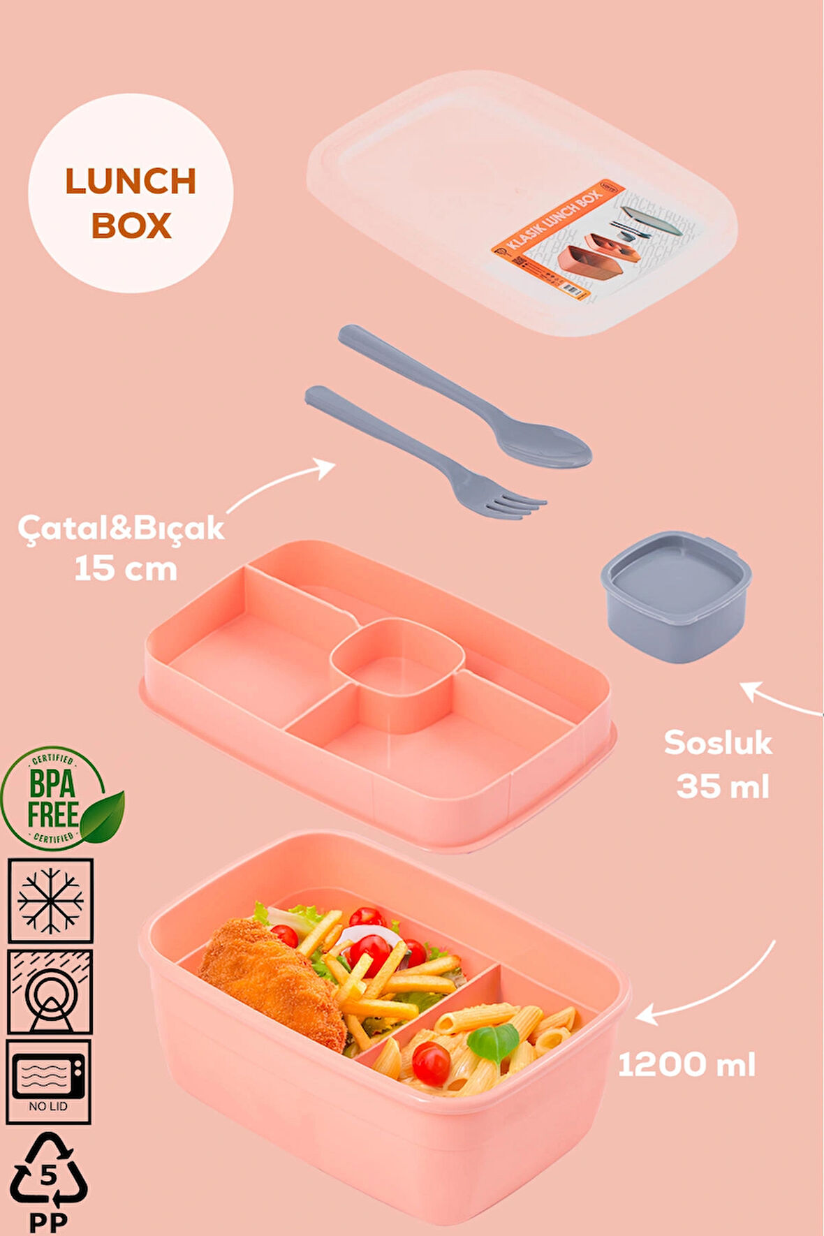 Porsima 3199 Vakumlu Kendinden Kaşık Çatallı Sosluklu Bölmeli Beslenme Çantası - Taşınabilir 2 Katlı Lunch Box - Sefer Tası 1200 Ml Somon