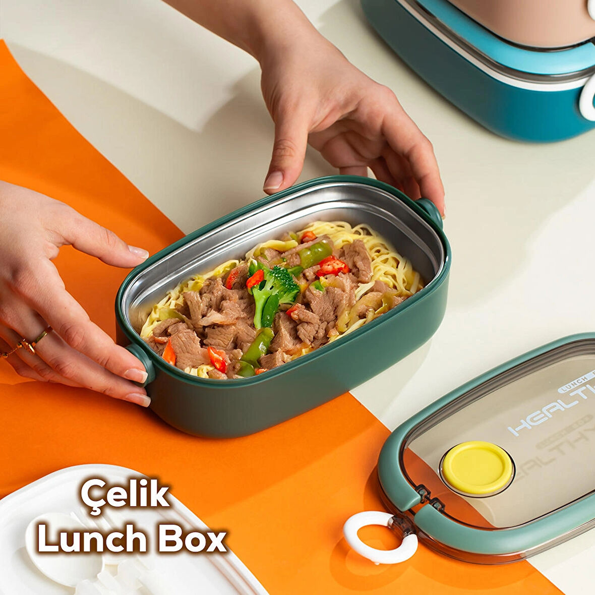 Posima 3114-2 Stainless Steel Vakumlu Lunch Box Tek Katlı Paslanmaz Çelik Kolay Kilitlenir Kendinden Kaşıklı Sefer Tası – 750ml Yeşil