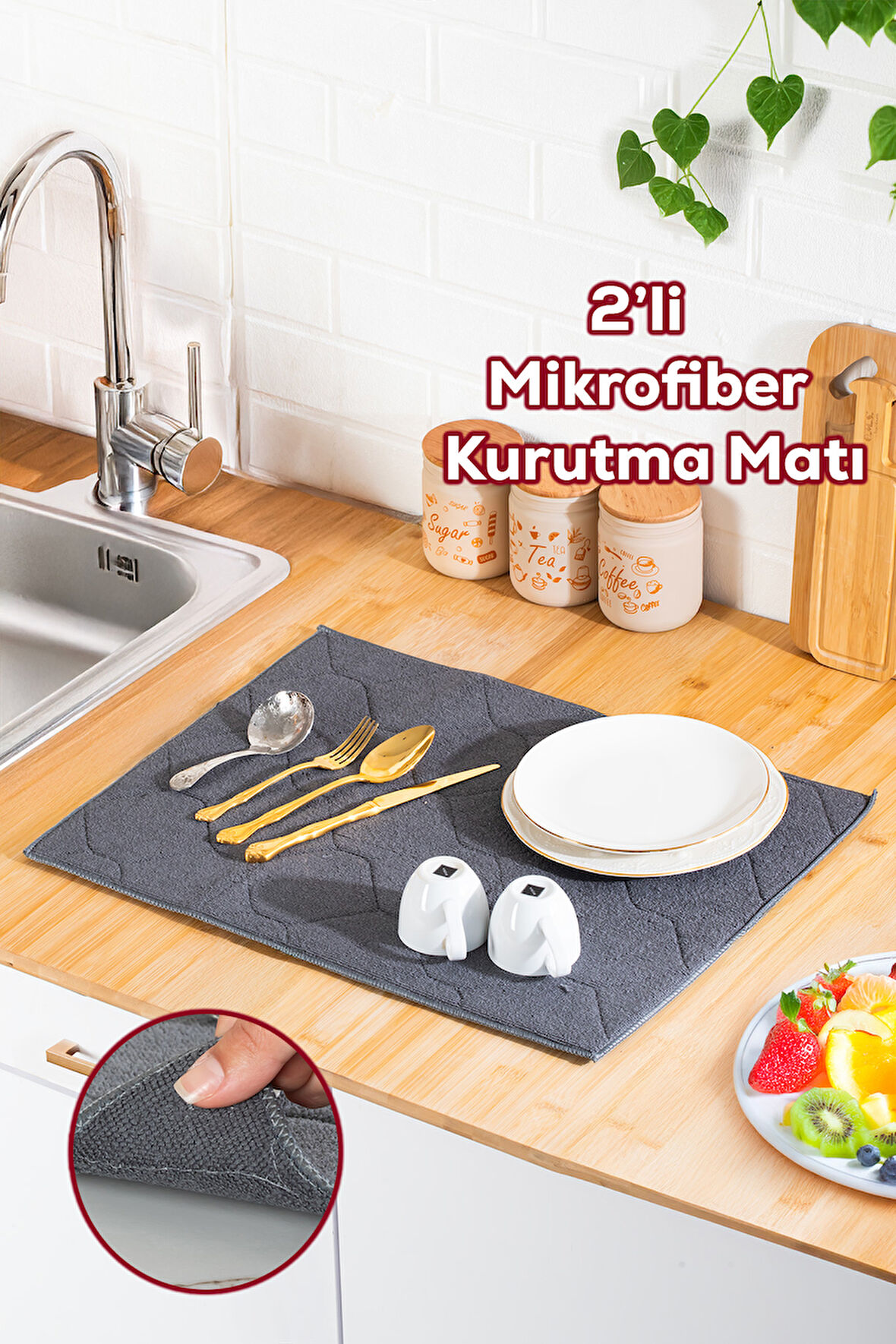 Porsima 3139-3 2li Mikrofiber Tezgah Üstü Kurutma Matı Kurulama Bezi Süper Emici Bulaşıklık Antrasit Antrasit