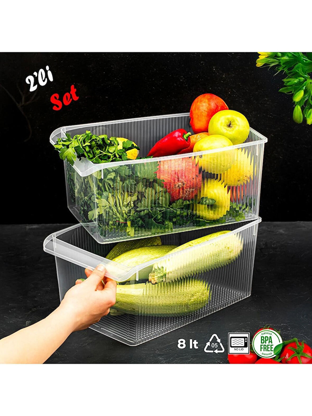 Porsima 3185 2li 8 Litre Dolap İçi Ve Buzdolabı İçi Düzenleyici Banyo Mutfak Organizeri 20x32x7 Cm Şeffaf